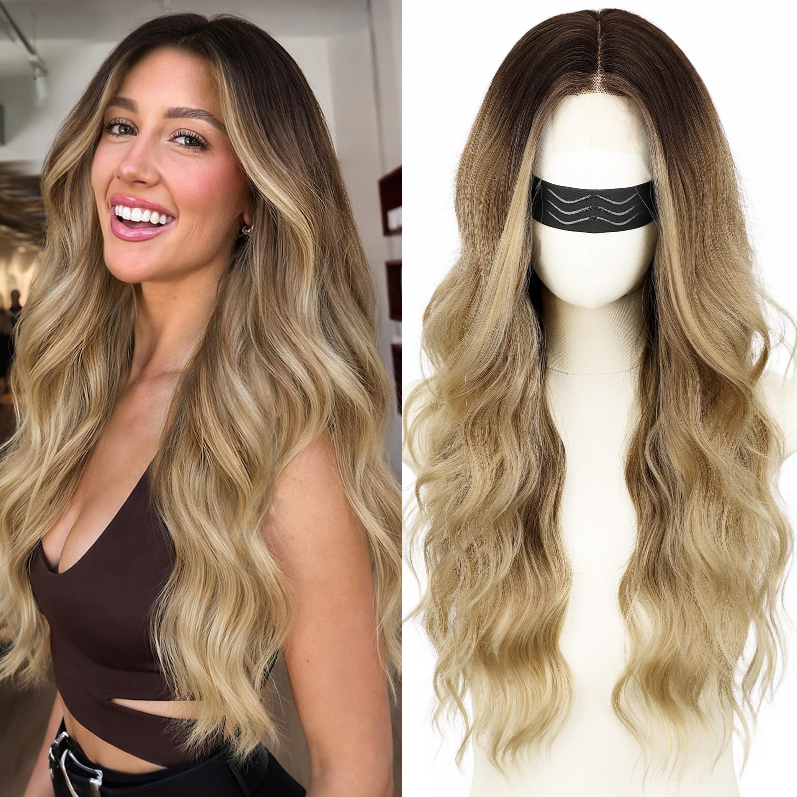 Long Brown Mixed Blonde Wavy Wig 4x1 Lace Natural Hairline Middle Part Curly Heat-Resistant Synthetic Fiber for Women & Beginners Daily Party Use 26In