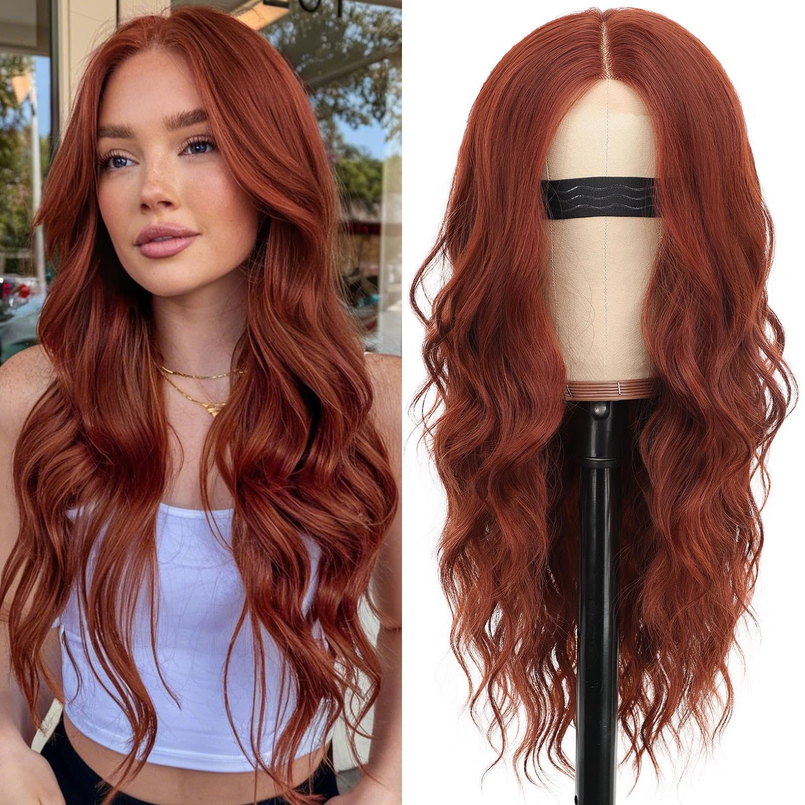Long Brown Mixed Blonde Wavy Wig 4x1 Lace Natural Hairline Middle Part Curly Heat-Resistant Synthetic Fiber for Women & Beginners Daily Party Use 26In