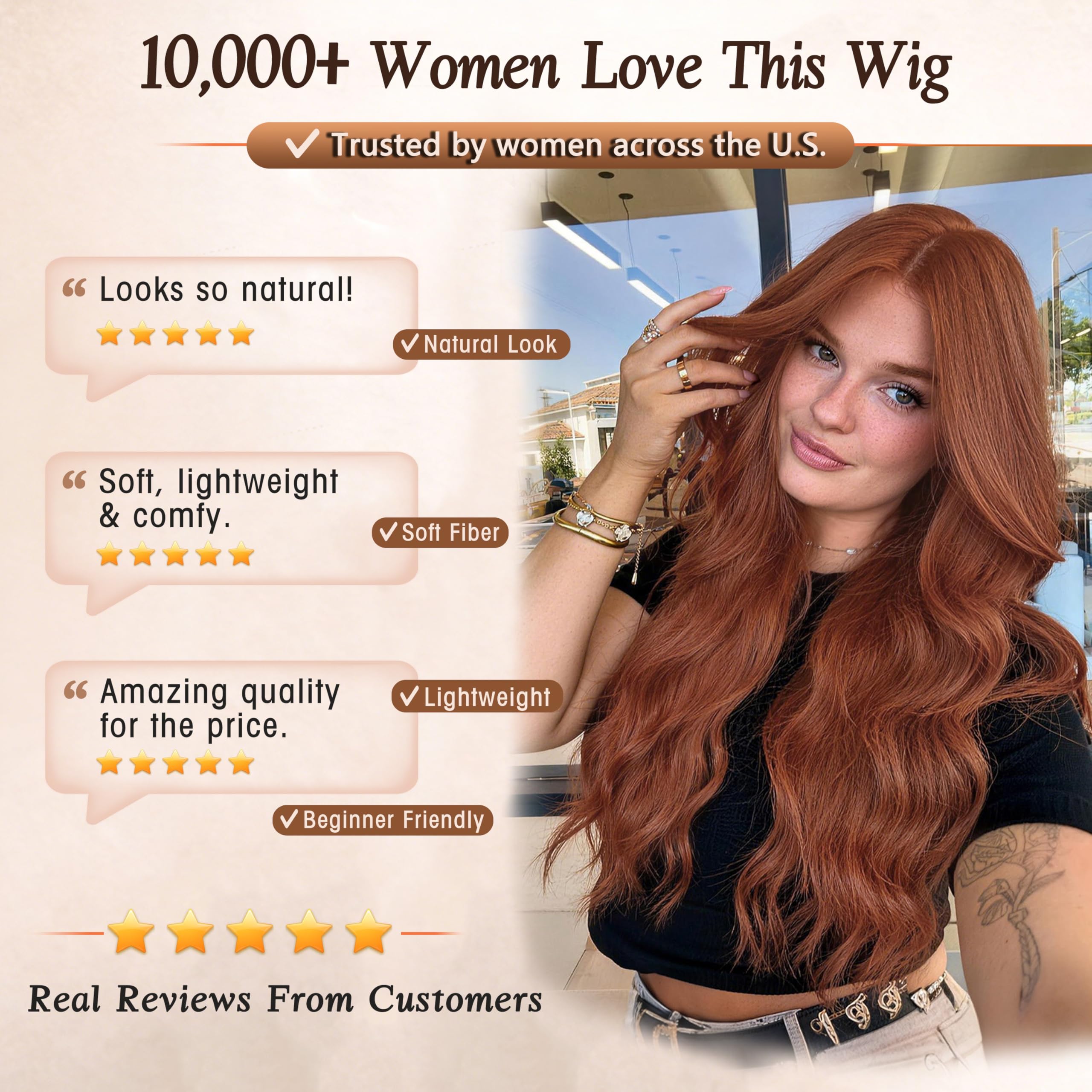 Long Brown Mixed Blonde Wavy Wig 4x1 Lace Natural Hairline Middle Part Curly Heat-Resistant Synthetic Fiber for Women & Beginners Daily Party Use 26In