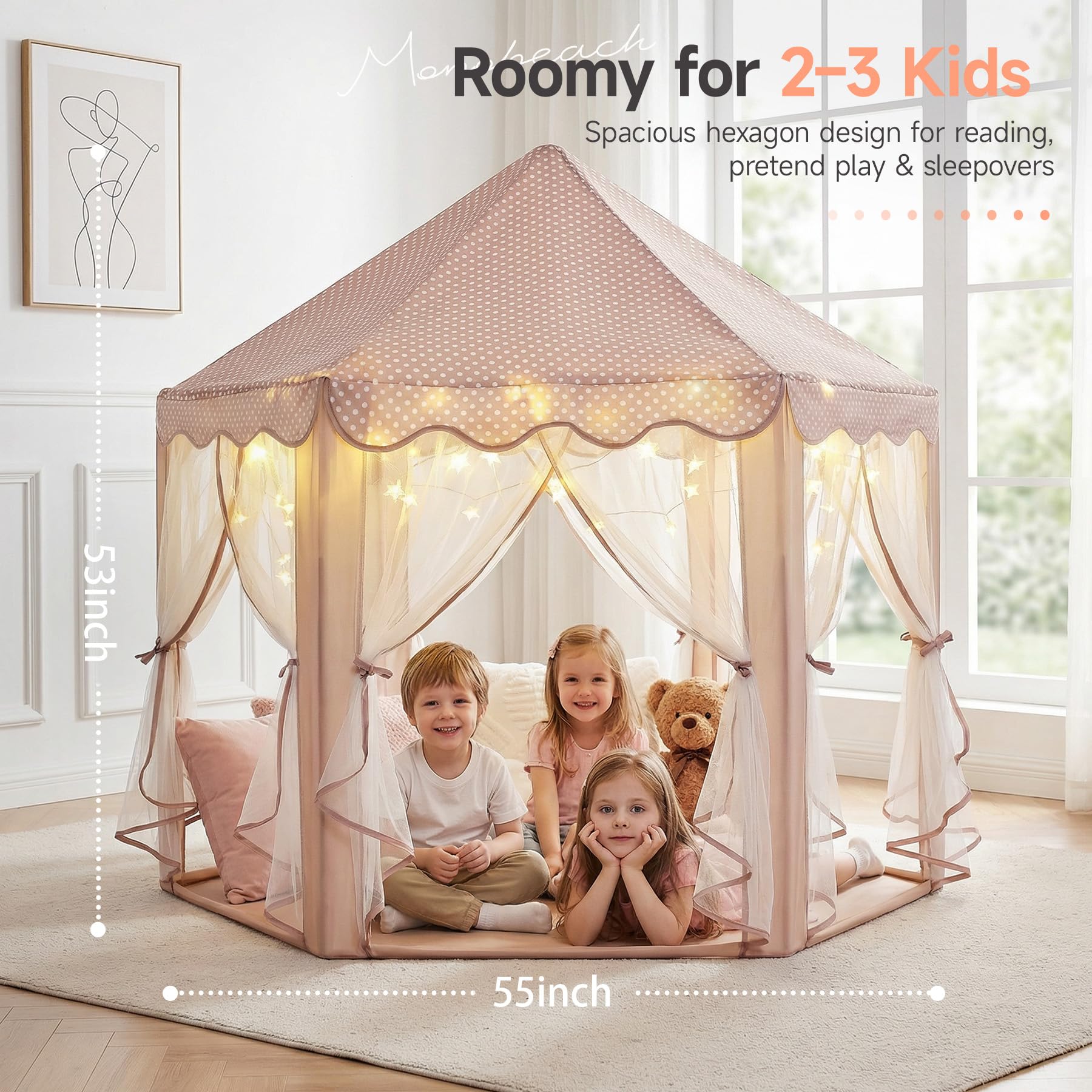 Monobeach Princess Tent Girls Large Playhouse Kids Castle Play Tent with Star Lights Toy for Children Indoor and Outdoor Games, 55'' x 53'' (DxH)
