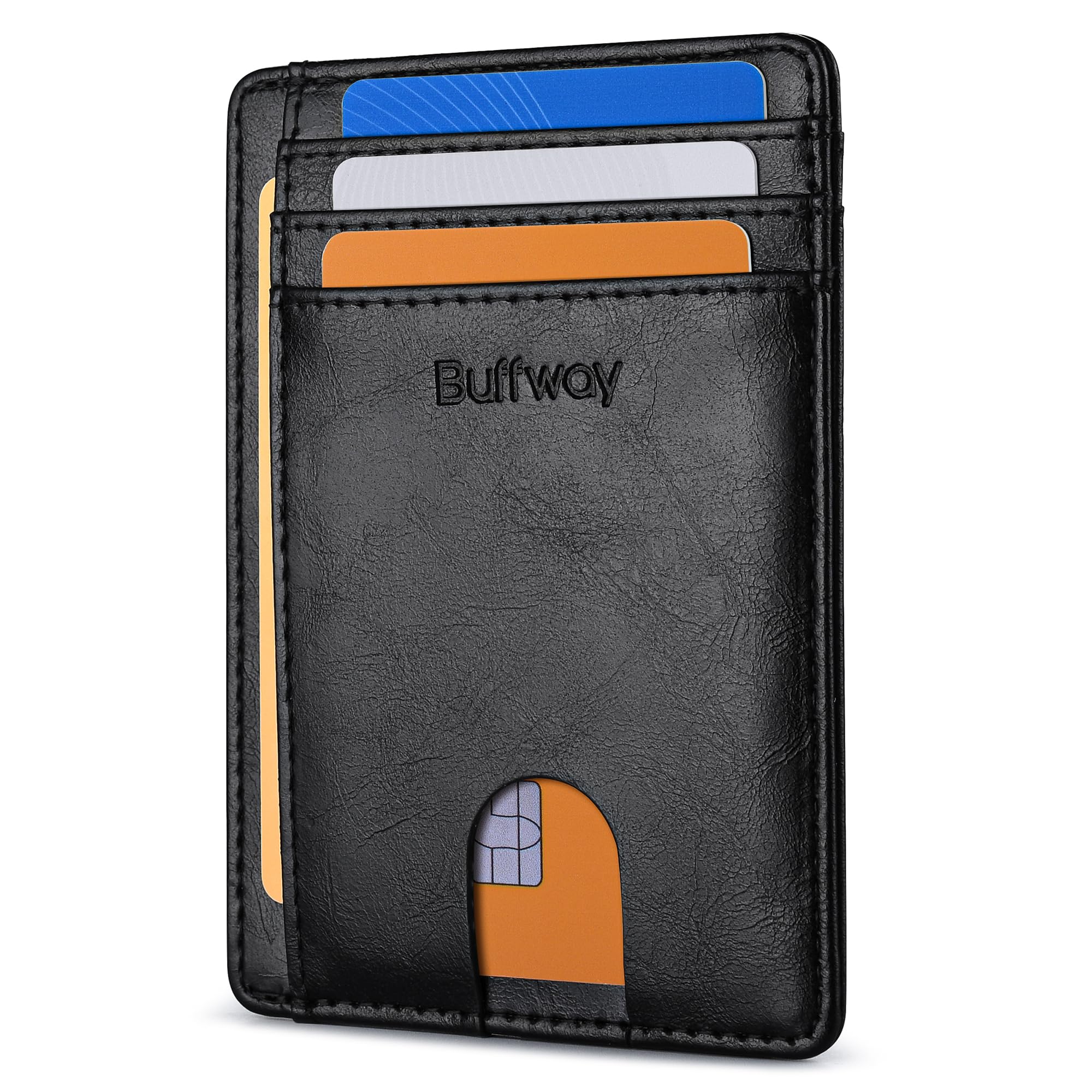 Slim Minimalist Front Pocket RFID Blocking Leather Wallets for Men and Women - Carbon Fiber Black