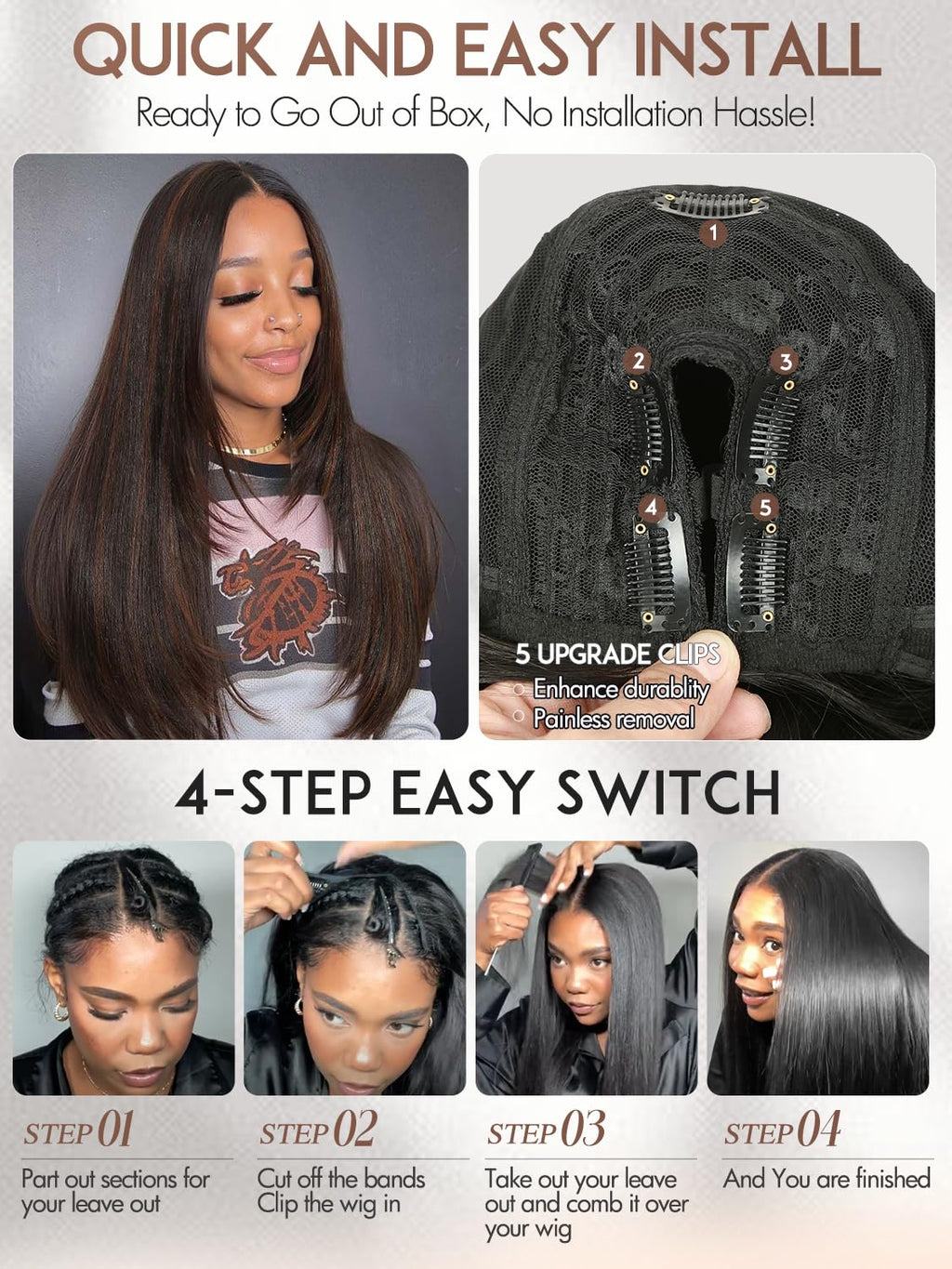 Yaki Straight Layered U Part Wigs V Part Glueless Clip in Half Wigs for Women Realistic Natural Looking Heat Resistant Synthetic Hair(24inch,Natural Black)