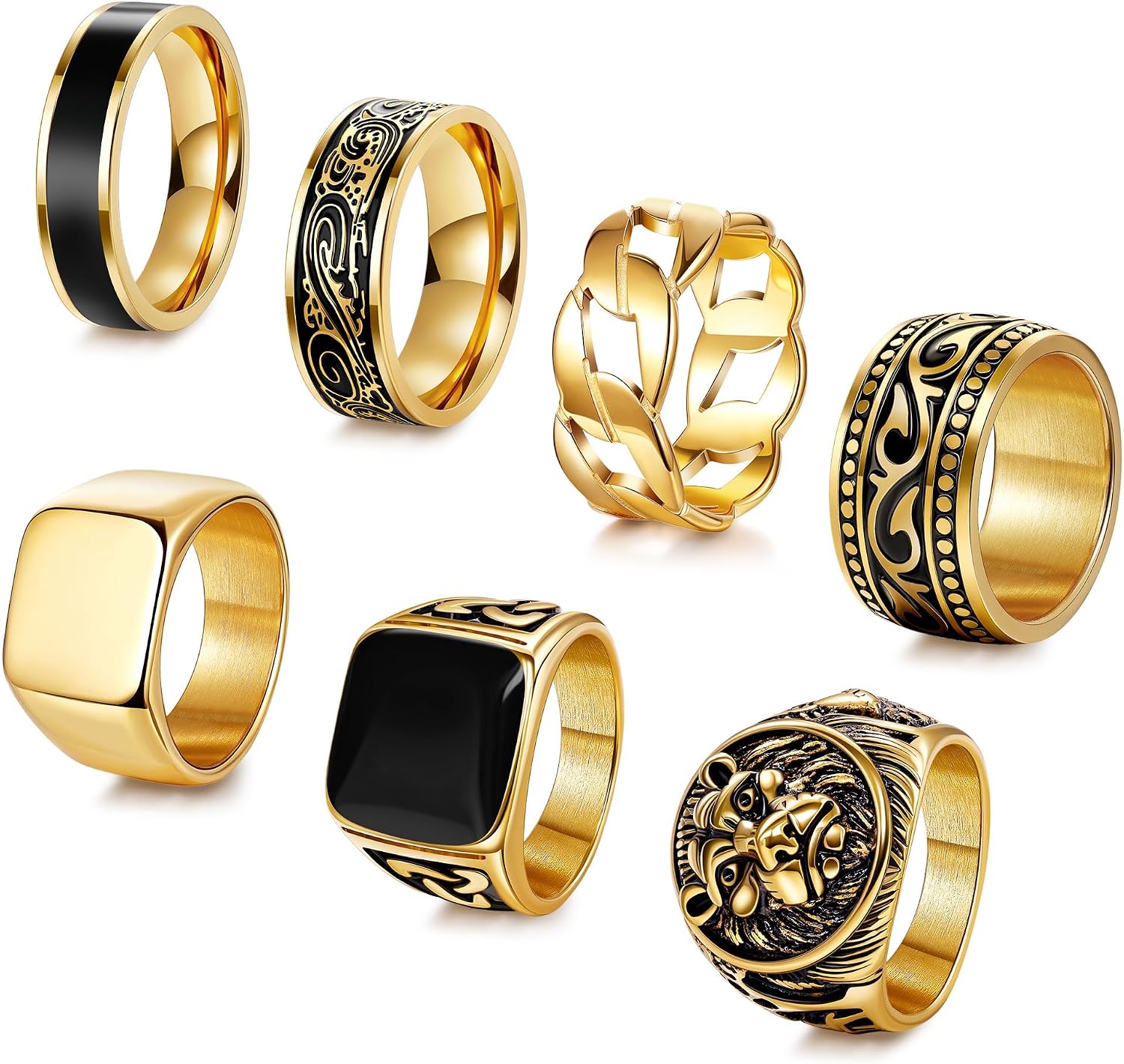 7Pcs Stainless Steel Vintage Signet Rings for Men Square Signet Rings Cuban Link Chain Ring Pinky Thumb Celtic Band Spinner Ring Silver Gold Polished Edge Mens Ring Biker Rings Set,Size 8-13