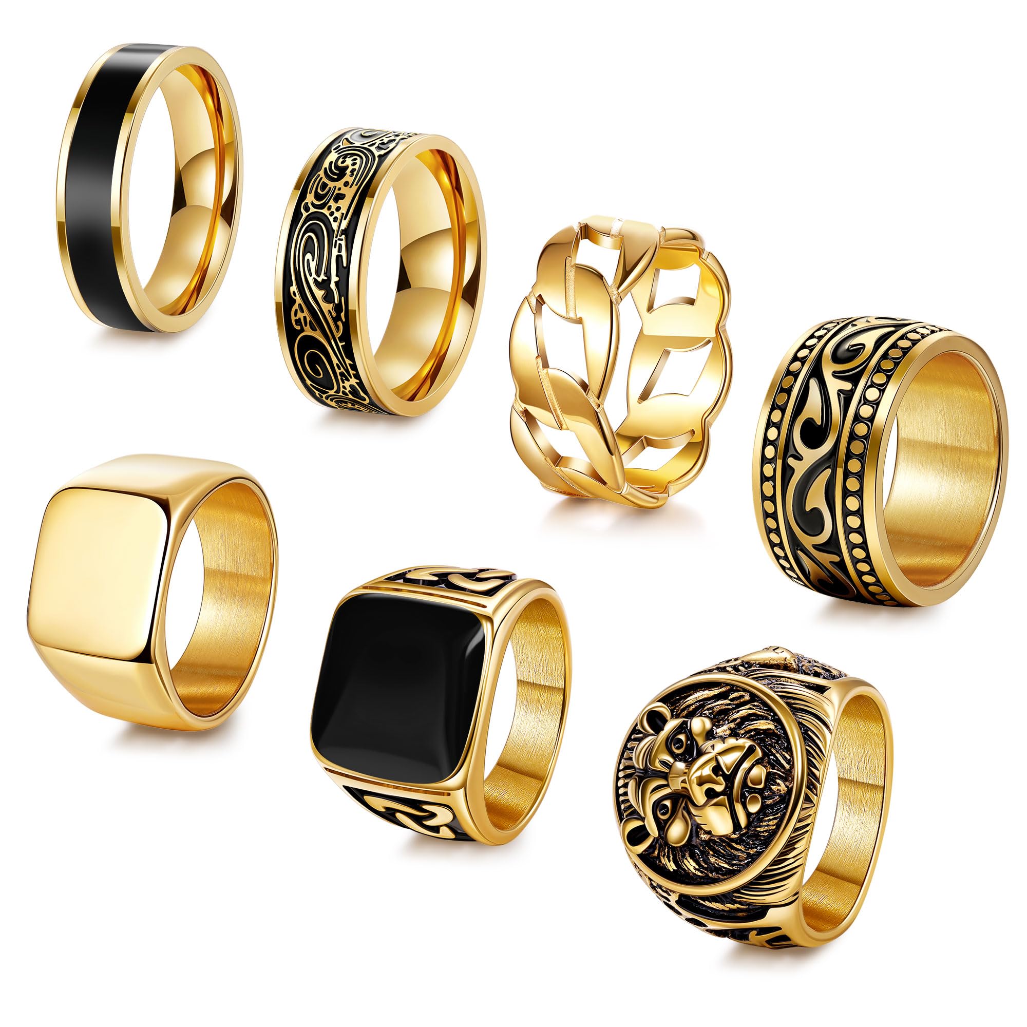 7Pcs Stainless Steel Vintage Signet Rings for Men Square Signet Rings Cuban Link Chain Ring Pinky Thumb Celtic Band Spinner Ring Silver Gold Polished Edge Mens Ring Biker Rings Set,Size 8-13
