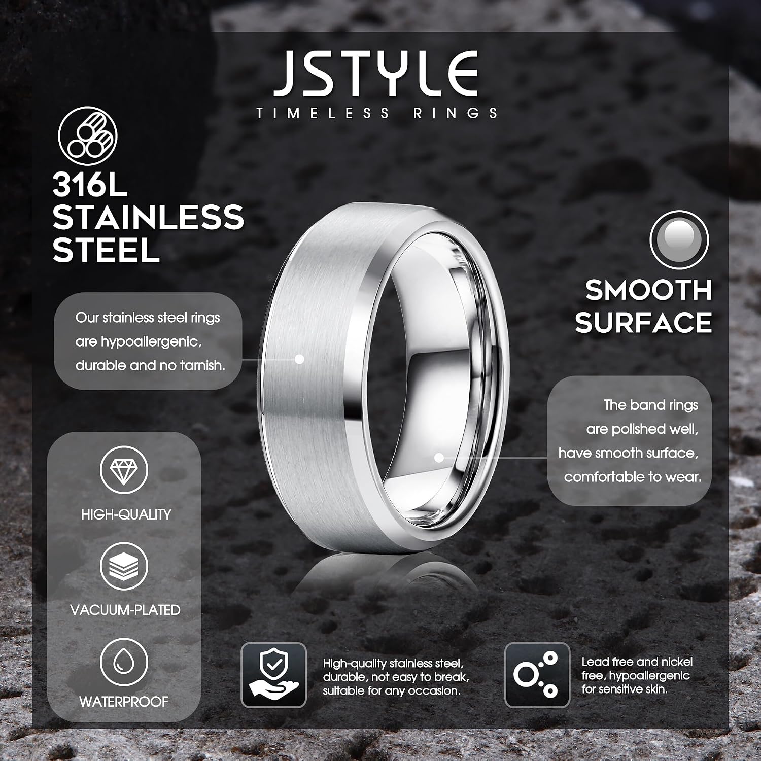Stainless Steel Rings for Men Women 8MM Wedding Band Rings Matte Surface - Beveled Polished Edge Mens Ring Size 6-14