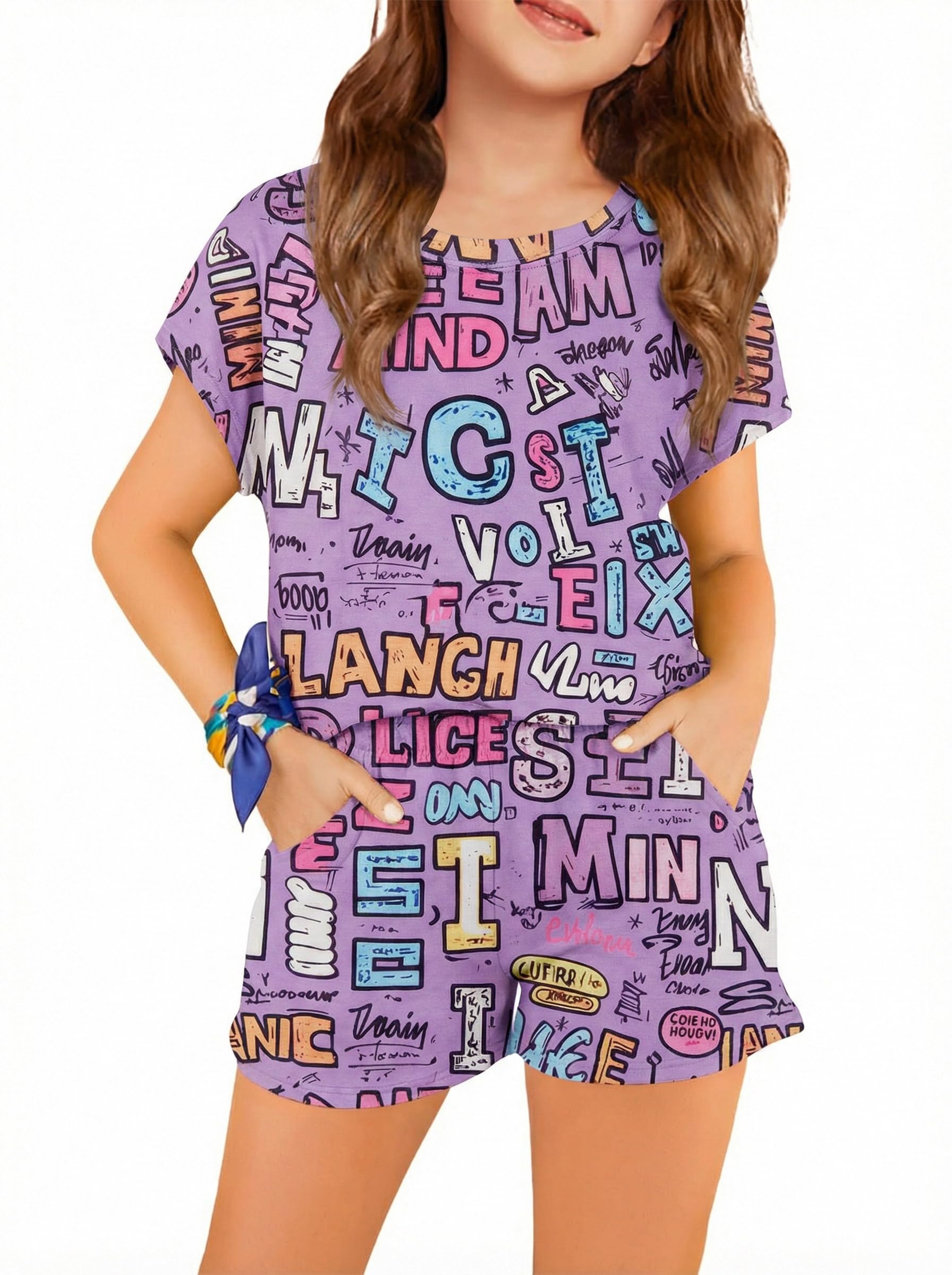 Haloumoning Girls Summer Outfits Casual Lounge Set Cap Sleeve T Shirt and Elastic Waist Shorts 2 Piece Clothing Sets