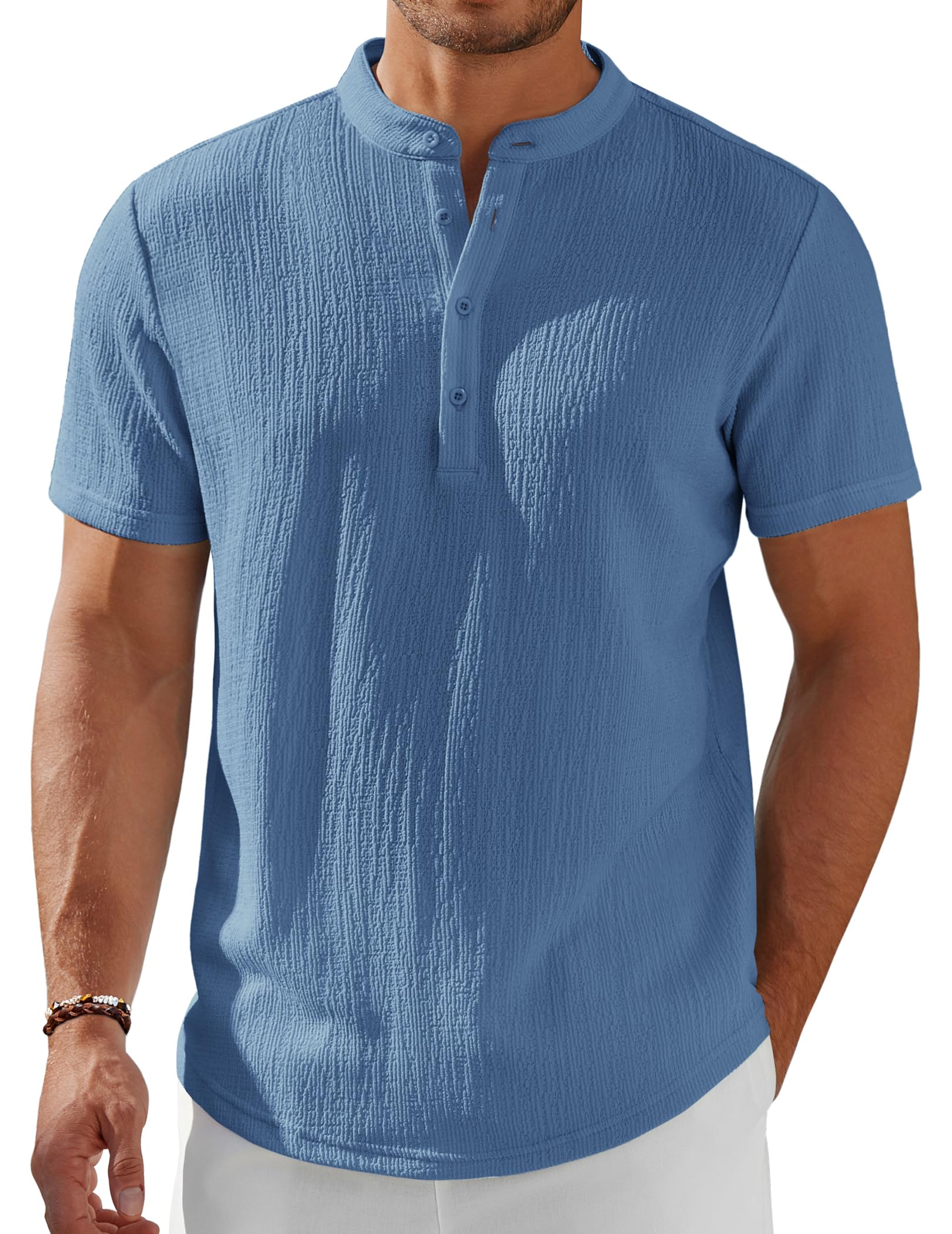 Men's Henley Shirt Short Sleeve Stand Collar Summer Casual Beach Hippie T-Shirts