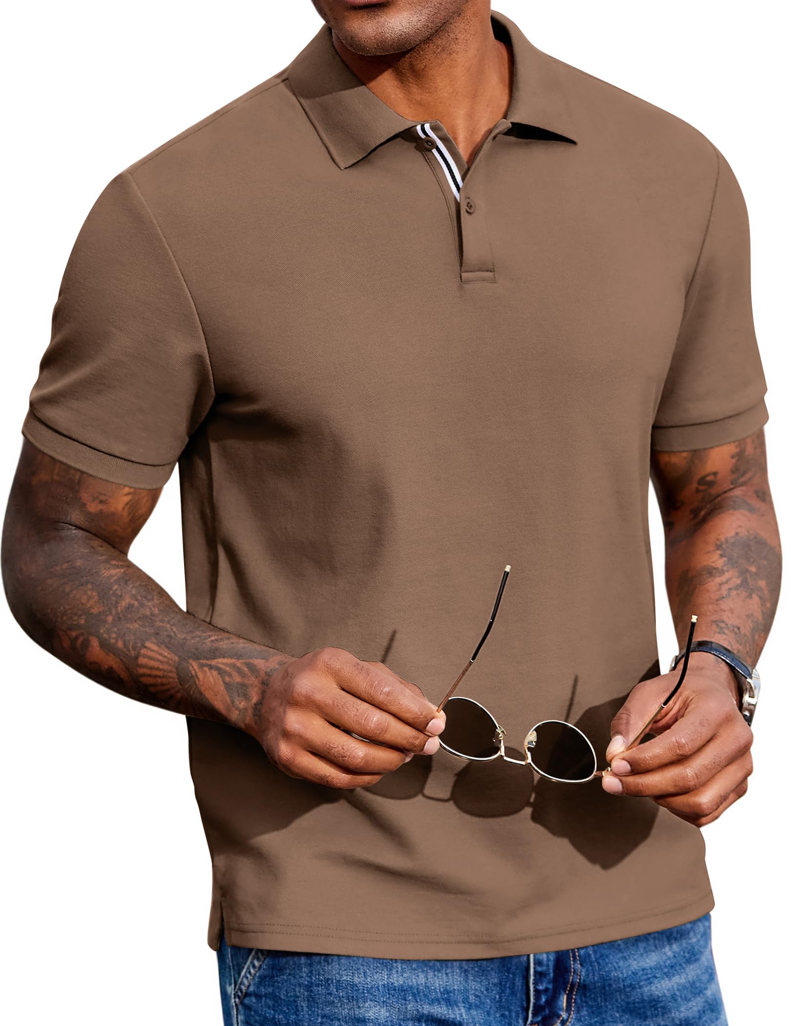 Men's Polo Shirts Short Sleeve Cotton Pique Casual Button T Shirts Classic Fit Collared Golf Shirts