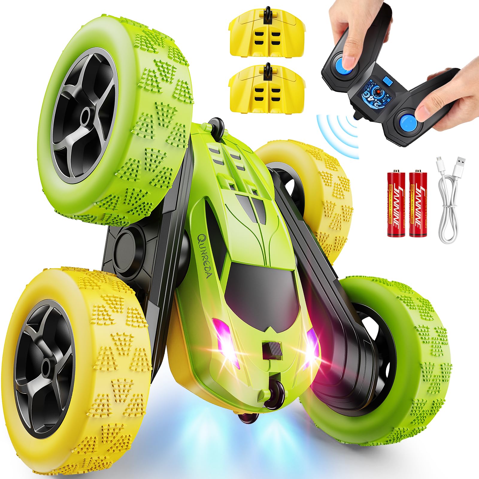 QUNREDA RC Cars, Pink Remote Control Car for Girls, 2.4 GHZ Double Sided RC Stunt Car 360° Rotating Remote Control Crawler with Headlights Car Toys for 6 7 8 9 10 11 12 Girls Birthday Gift Grandkids