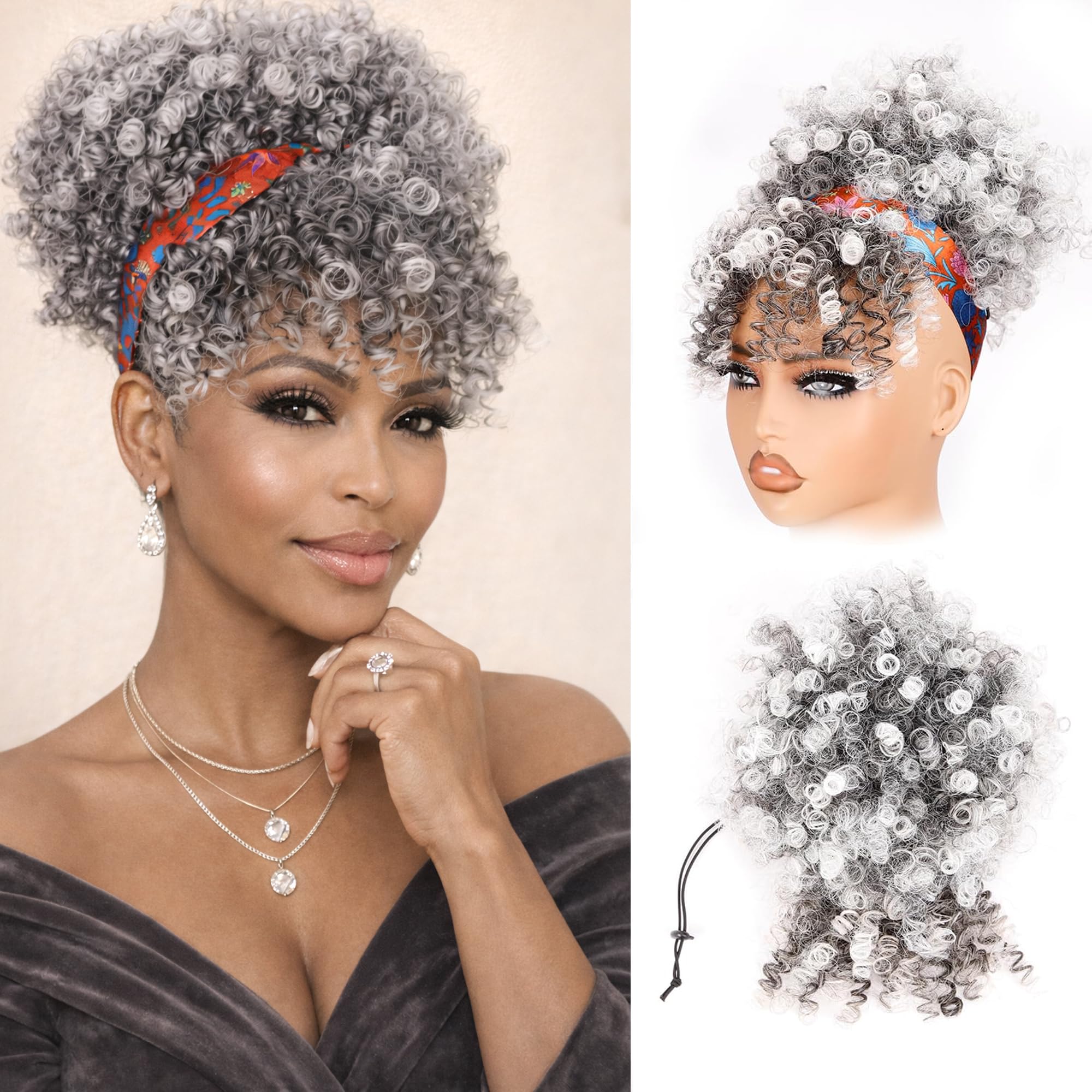 Drawstring Ponytail for Black Women, Afro Puff Kinky Curly Hair Ponytail Extension with Bangs Black Updo Natural Hair Ponytail (1B Natural Black)