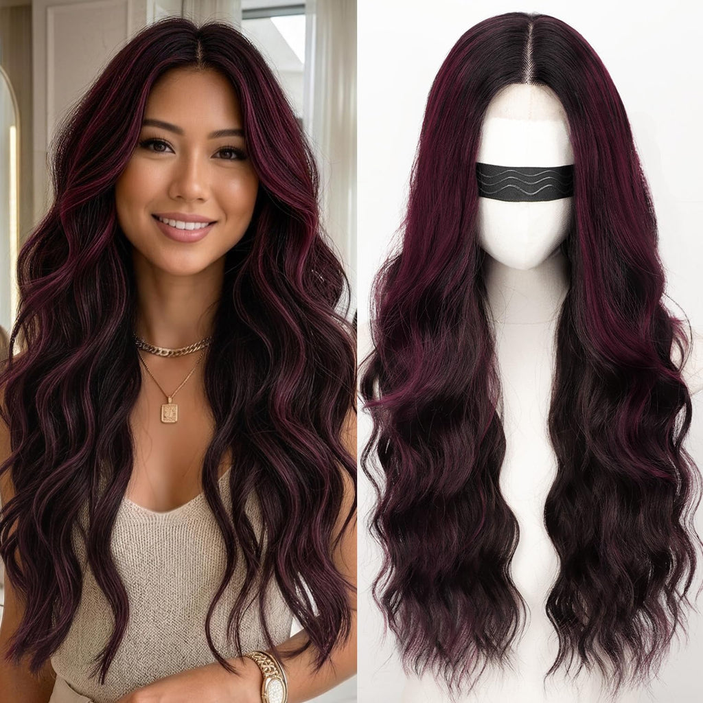 Long Brown Mixed Blonde Wavy Wig 4x1 Lace Natural Hairline Middle Part Curly Heat-Resistant Synthetic Fiber for Women & Beginners Daily Party Use 26In