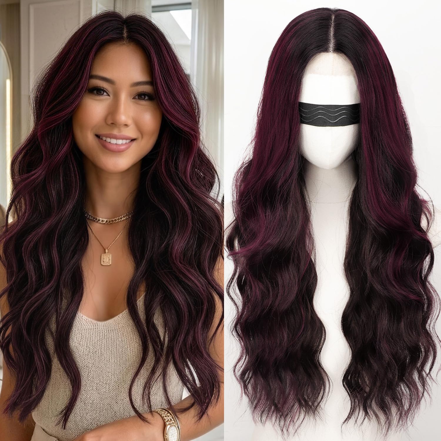 Long Brown Mixed Blonde Wavy Wig 4x1 Lace Natural Hairline Middle Part Curly Heat-Resistant Synthetic Fiber for Women & Beginners Daily Party Use 26In