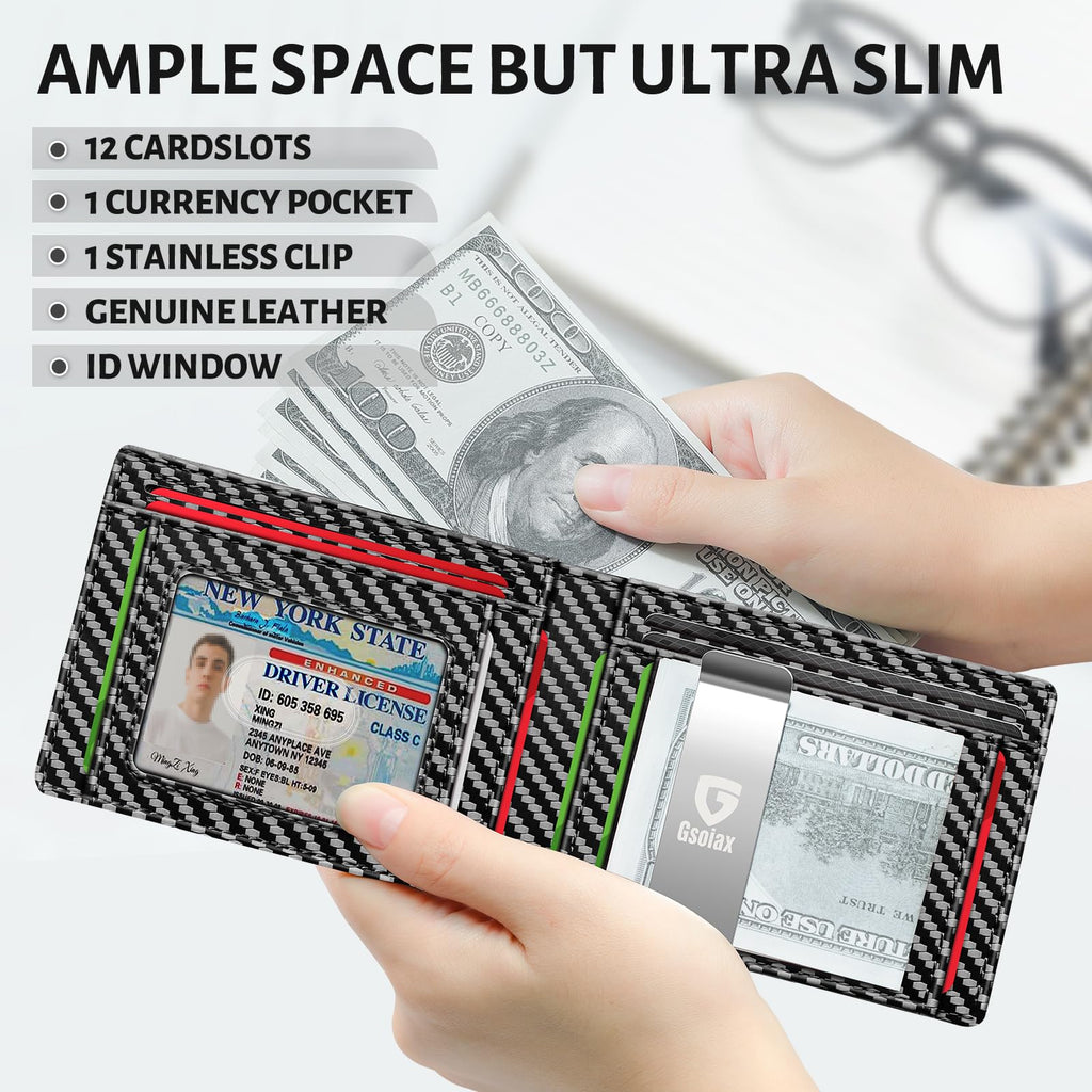 Slim Wallet for Men Rfid Blocking Leather Bifold Front Pocket Carbon Fiber Men's Money Clips Credit Card Holder With Gift Box