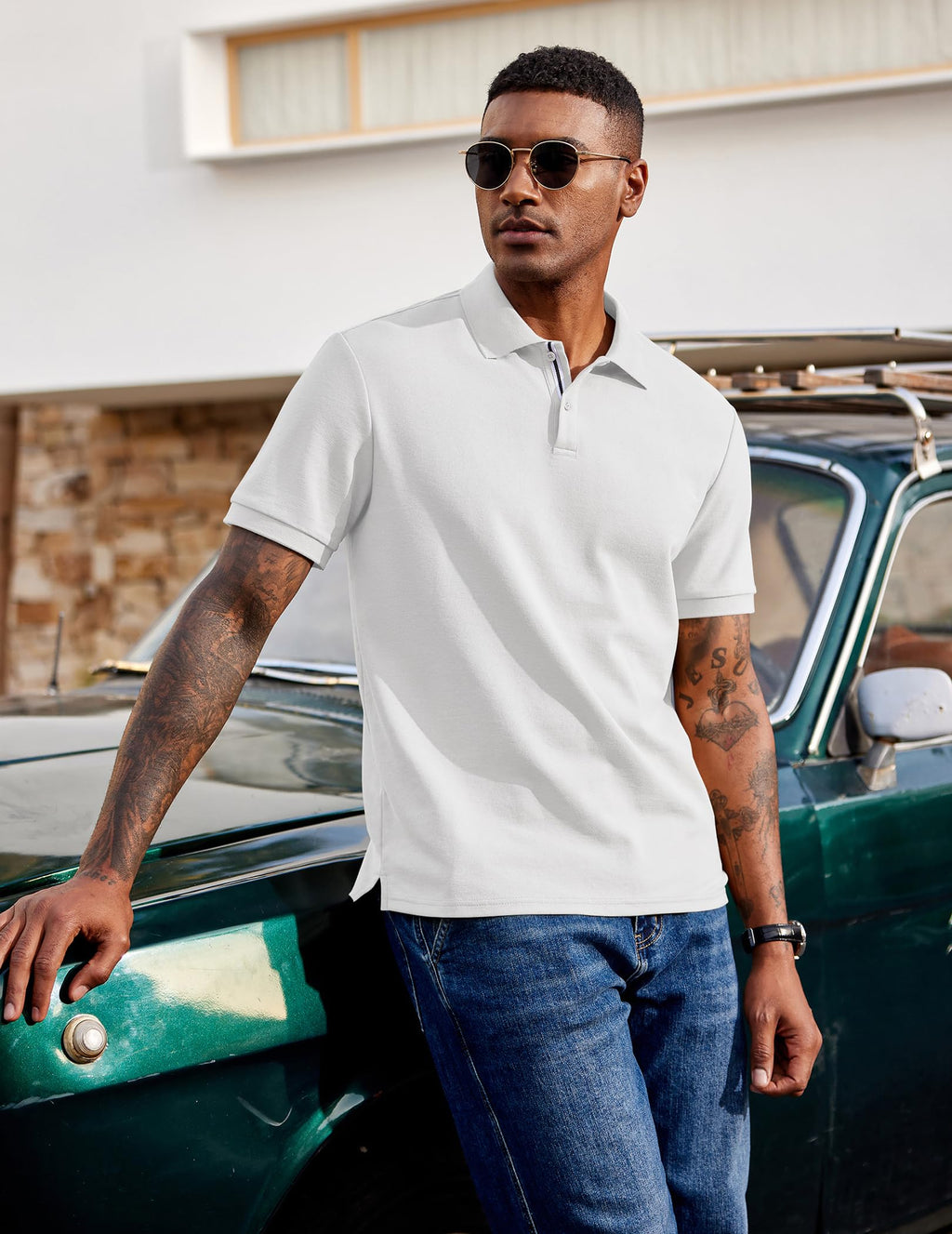 Men's Polo Shirts Short Sleeve Cotton Pique Casual Button T Shirts Classic Fit Collared Golf Shirts