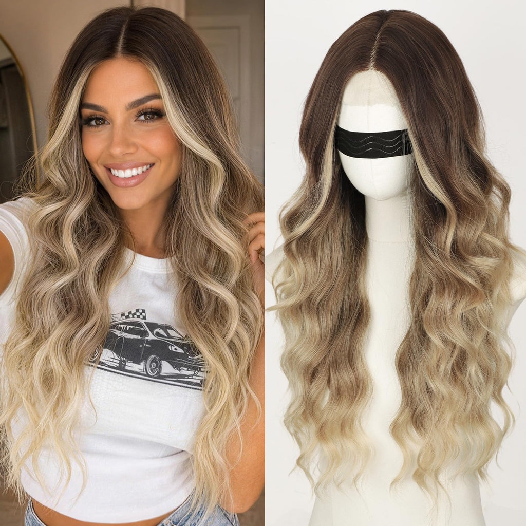Long Brown Mixed Blonde Wavy Wig 4x1 Lace Natural Hairline Middle Part Curly Heat-Resistant Synthetic Fiber for Women & Beginners Daily Party Use 26In