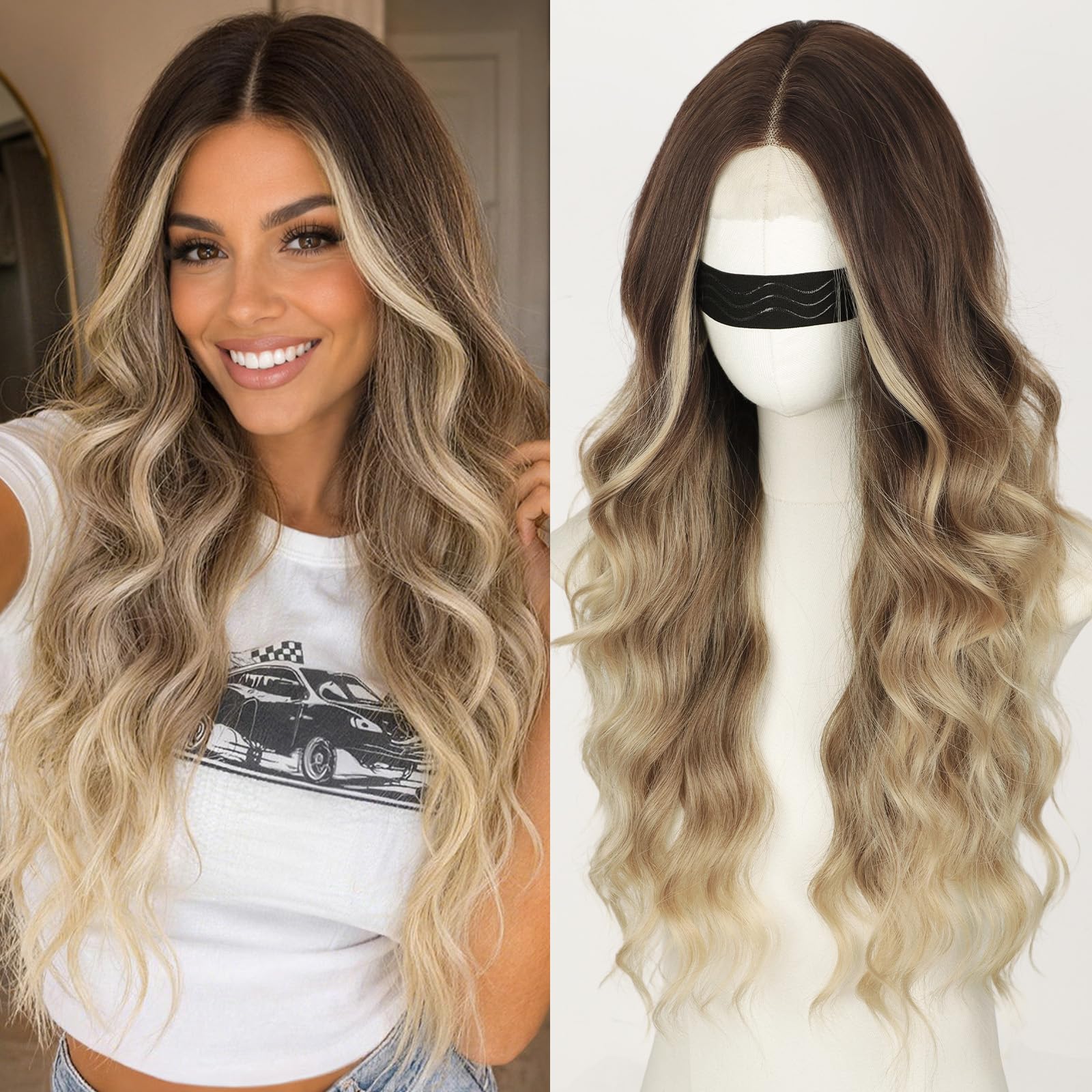 Long Brown Mixed Blonde Wavy Wig 4x1 Lace Natural Hairline Middle Part Curly Heat-Resistant Synthetic Fiber for Women & Beginners Daily Party Use 26In