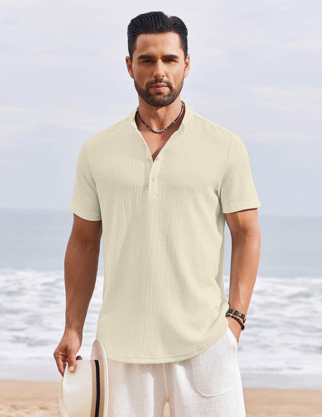 Men's Henley Shirt Short Sleeve Stand Collar Summer Casual Beach Hippie T-Shirts
