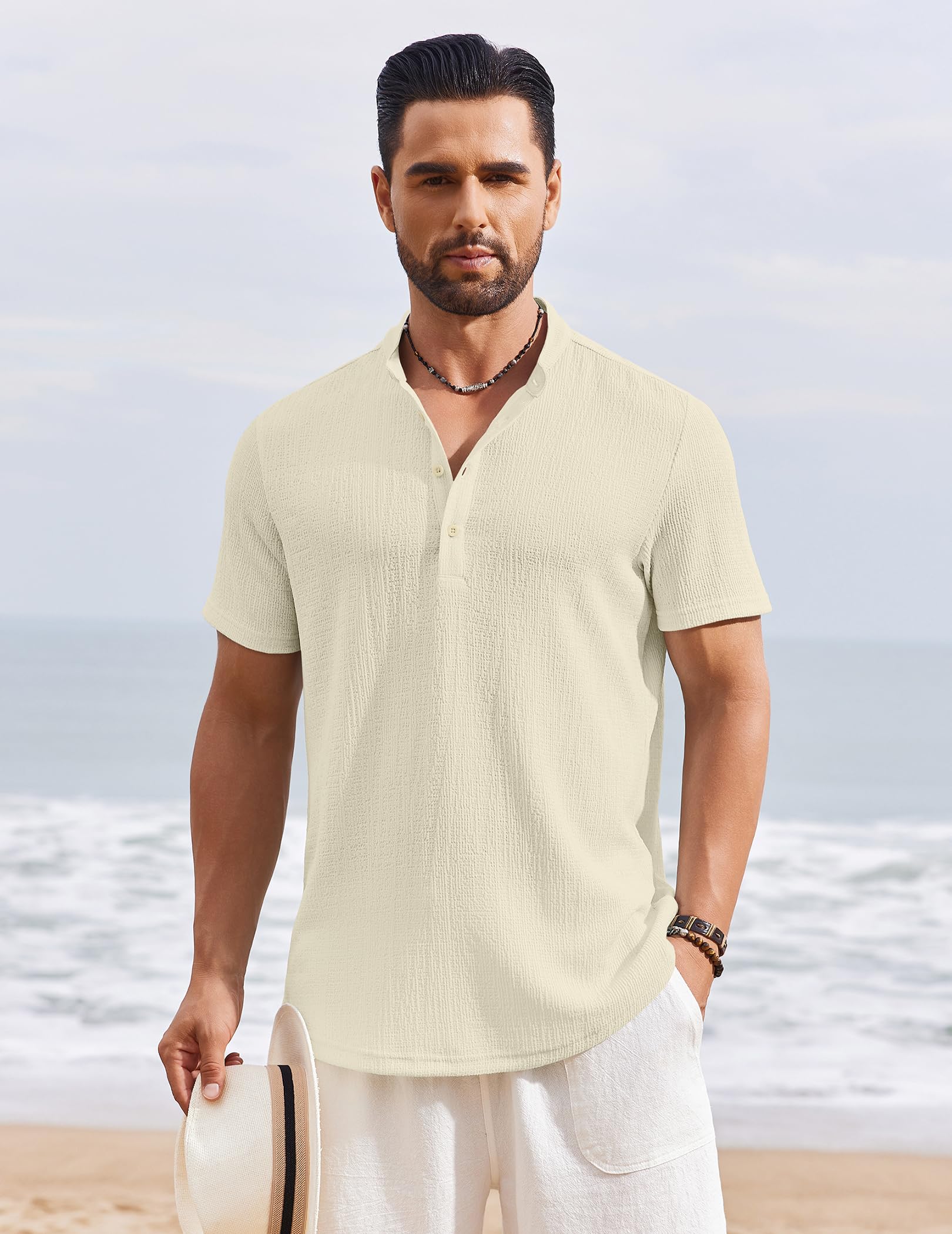 Men's Henley Shirt Short Sleeve Stand Collar Summer Casual Beach Hippie T-Shirts