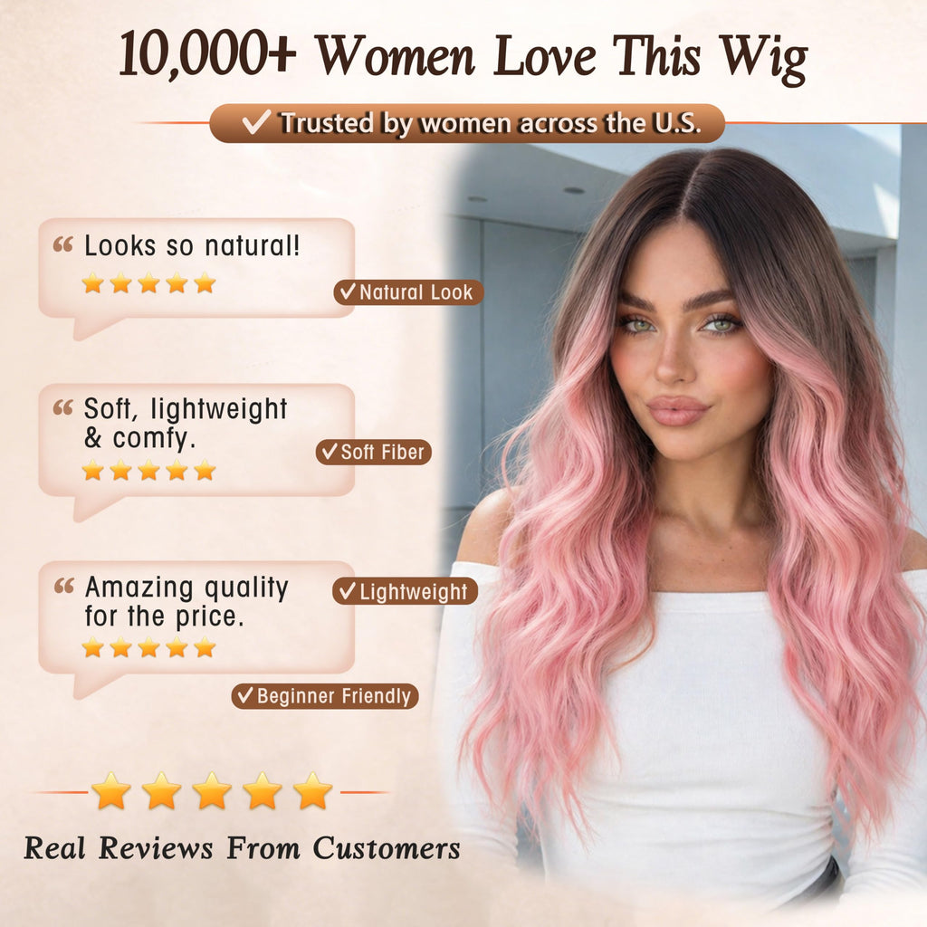 Long Brown Mixed Blonde Wavy Wig 4x1 Lace Natural Hairline Middle Part Curly Heat-Resistant Synthetic Fiber for Women & Beginners Daily Party Use 26In