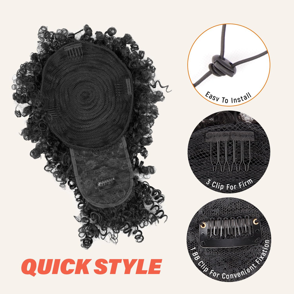 Drawstring Ponytail for Black Women, Afro Puff Kinky Curly Hair Ponytail Extension with Bangs Black Updo Natural Hair Ponytail (1B Natural Black)