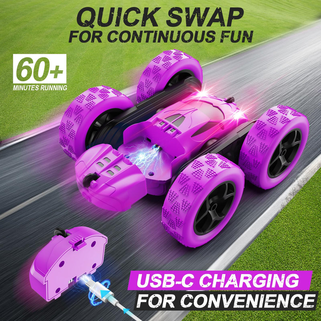 QUNREDA RC Cars, Pink Remote Control Car for Girls, 2.4 GHZ Double Sided RC Stunt Car 360° Rotating Remote Control Crawler with Headlights Car Toys for 6 7 8 9 10 11 12 Girls Birthday Gift Grandkids