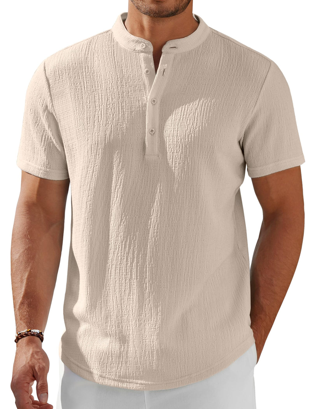 Men's Henley Shirt Short Sleeve Stand Collar Summer Casual Beach Hippie T-Shirts