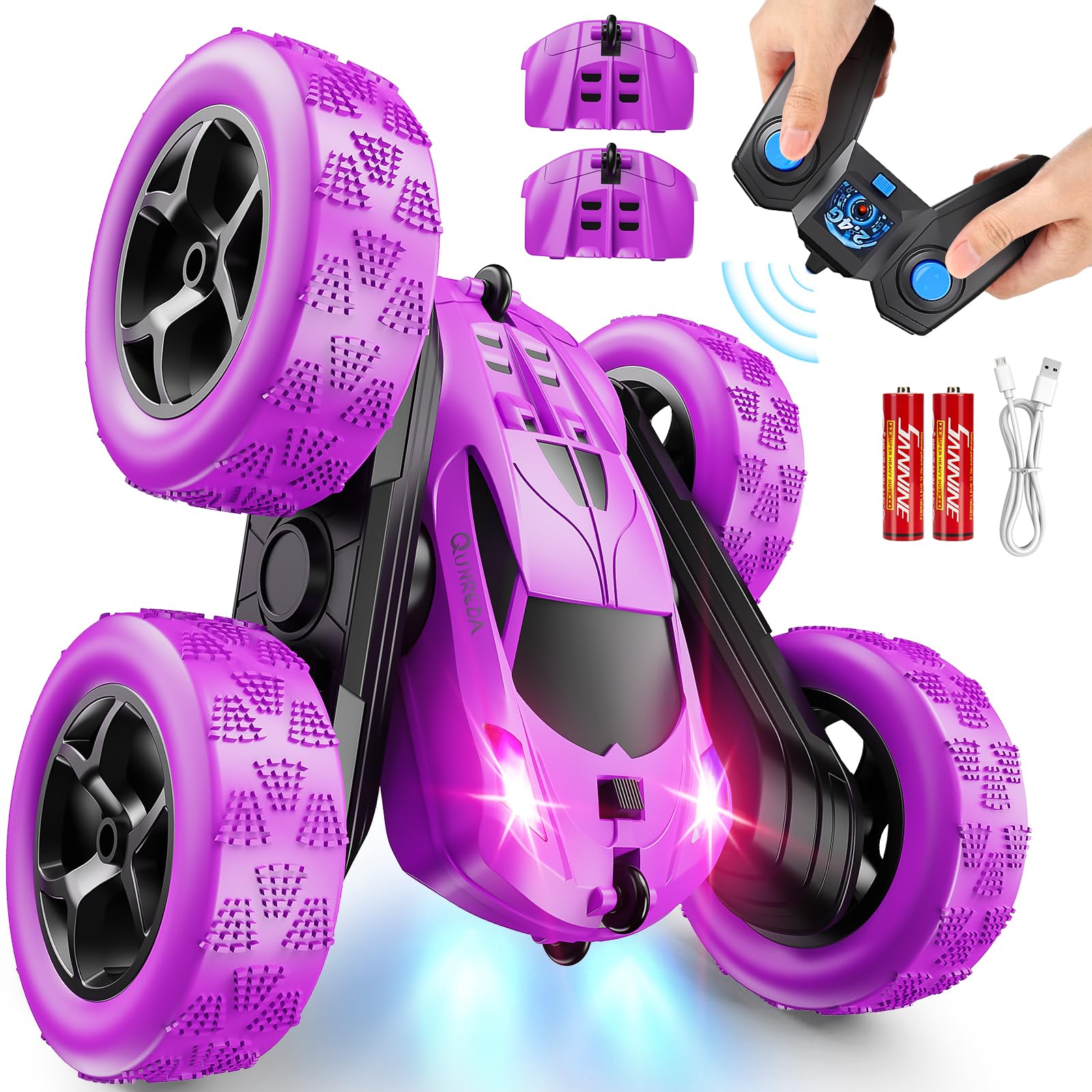 QUNREDA RC Cars, Pink Remote Control Car for Girls, 2.4 GHZ Double Sided RC Stunt Car 360° Rotating Remote Control Crawler with Headlights Car Toys for 6 7 8 9 10 11 12 Girls Birthday Gift Grandkids