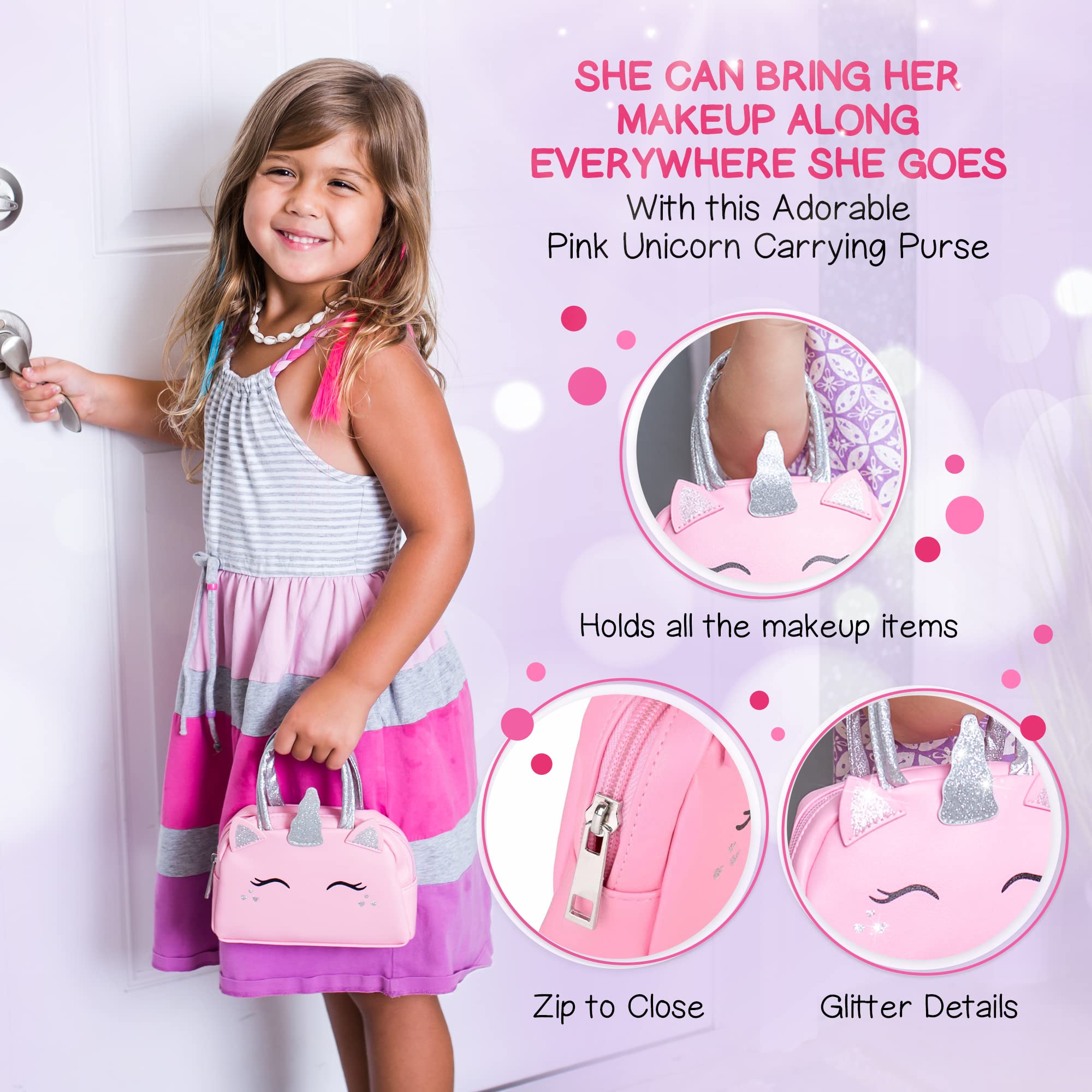 Kids Real Makeup Kit with Pink Unicorn Purse, Non Toxic Washable Make Up Set - Unicorn Toys for Girls Age 4-6, Girls Easter Basket Stuffers, Easter Gifts for Kids, Girl Gift Ages 3 4 5 6 7 8 Years Old