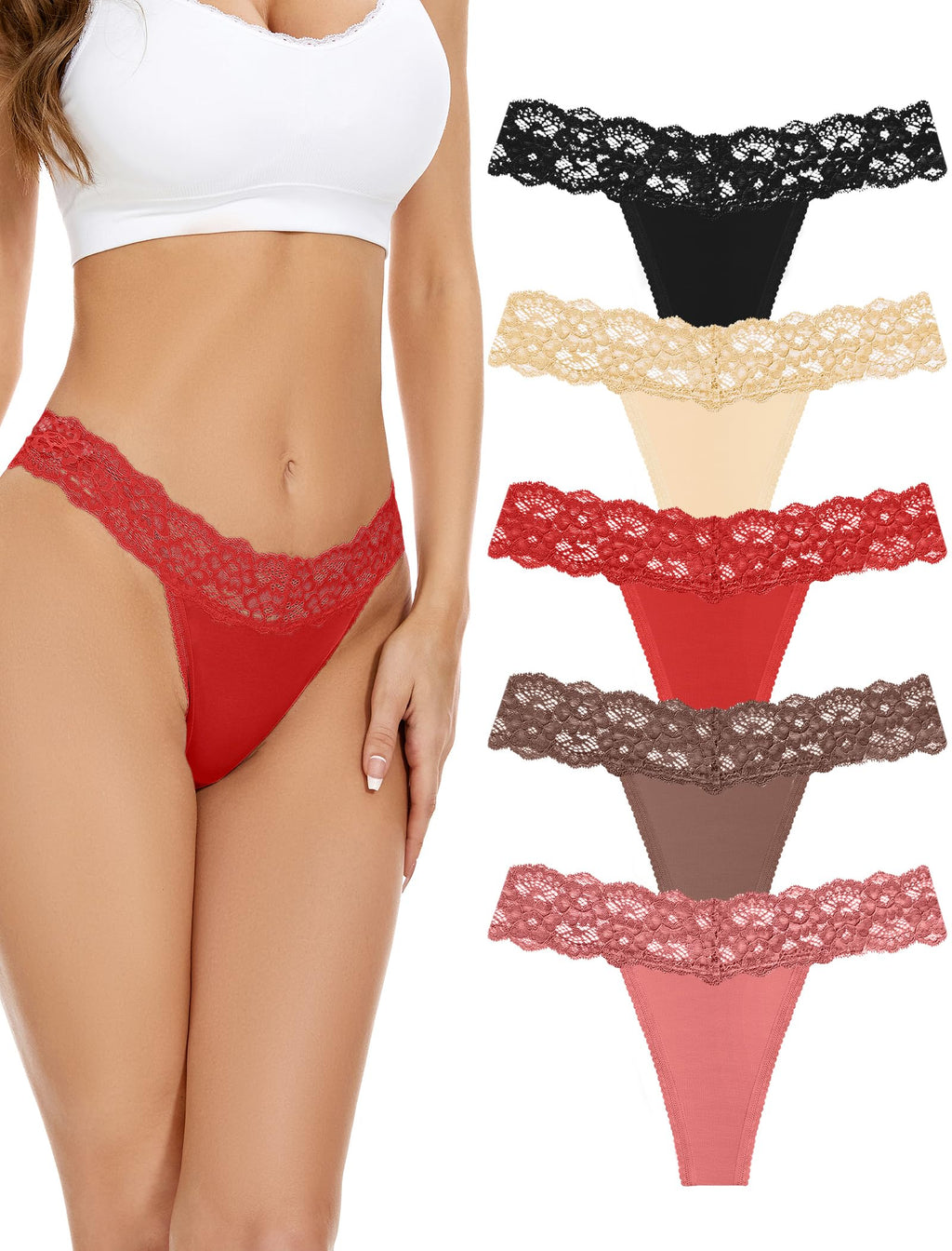 Seamless Women Thong,No Show Lace Underwear,Invisible,Cotton Blend | 5 Pack Ladies Lacy Band Breathable Athletic Panties,Comfortable Soft Undies,Comfy Gym Mid Rise Stretch No Seam Laced Tanga