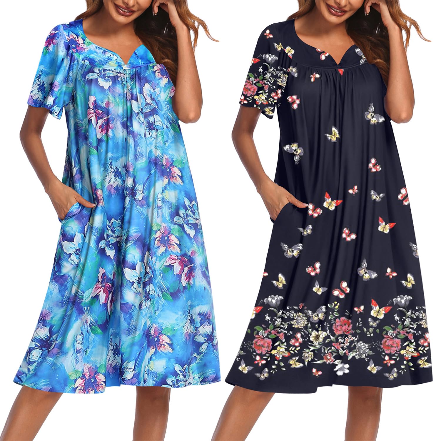 2 Pack House Dresses for Women with Pockets Short Sleeve Moo Moos Floral Print Mumu Dresses
