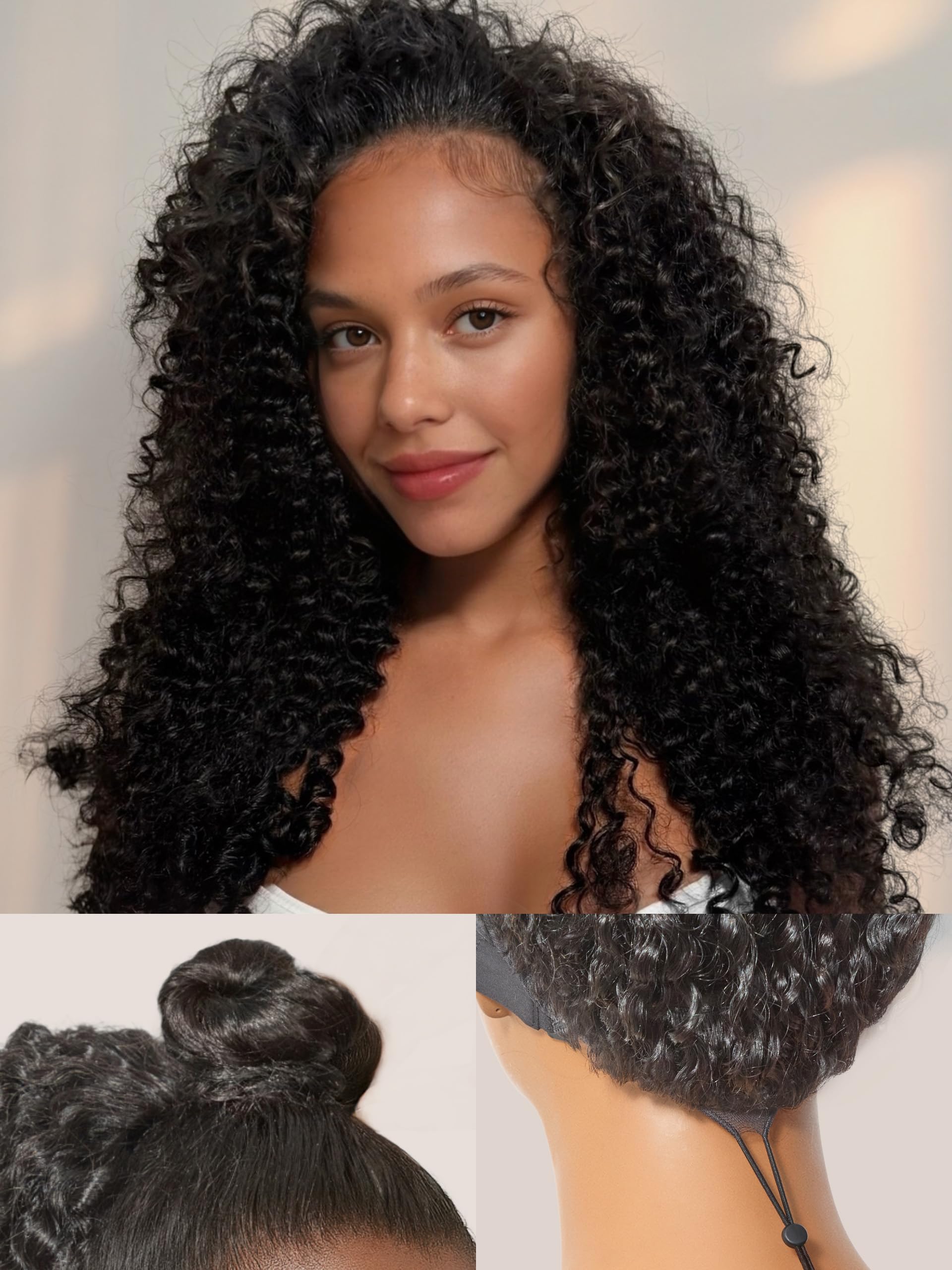 Half Wig Kinky Curly Flexi-Fit Invisi 3 in 1 Wigs Flip Drawstring Wig 200% Density Glueless Wigs 100% Human Hair Natural Black Ready to Go Headband Wig for Women 18 Inches