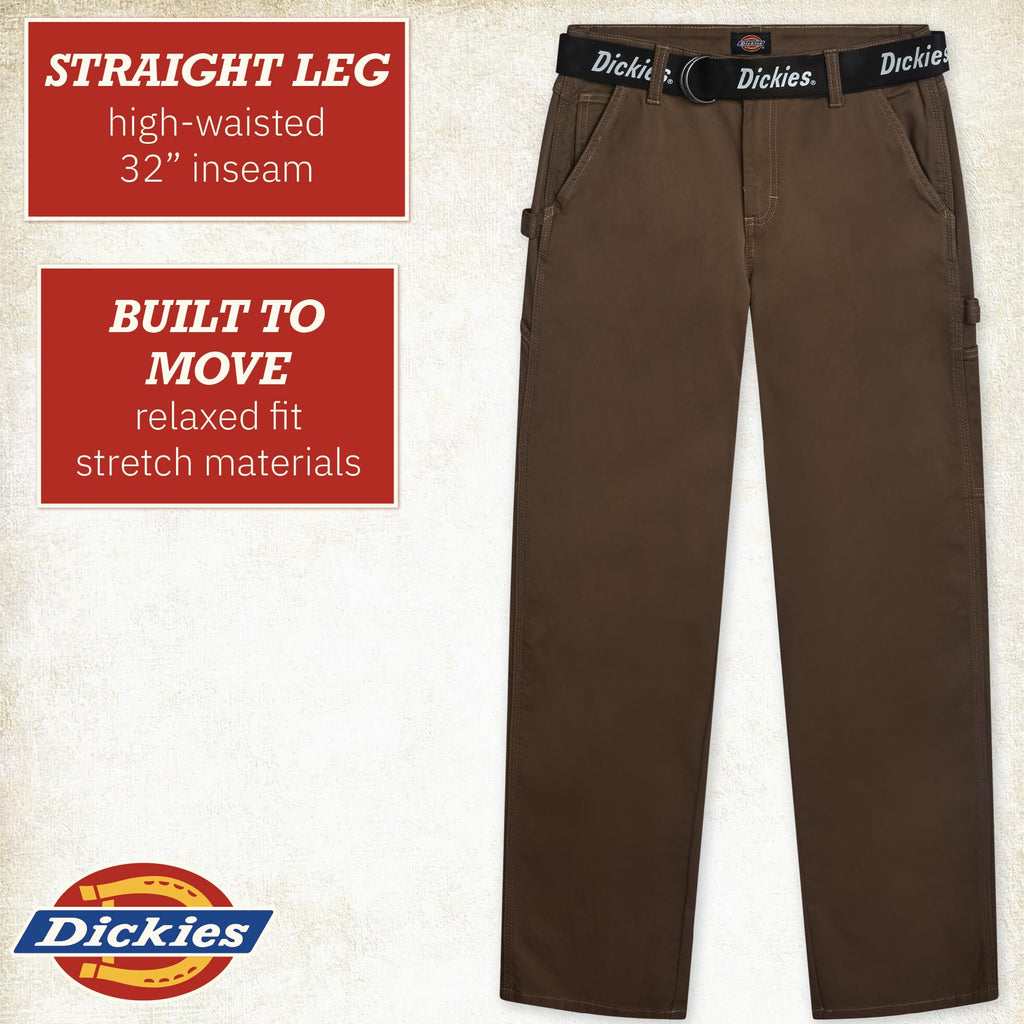 Dickies Womens Work Pants with Belt - Relaxed Fit Straight Leg High Waisted Carpenter Pants for Women with Utility Pockets