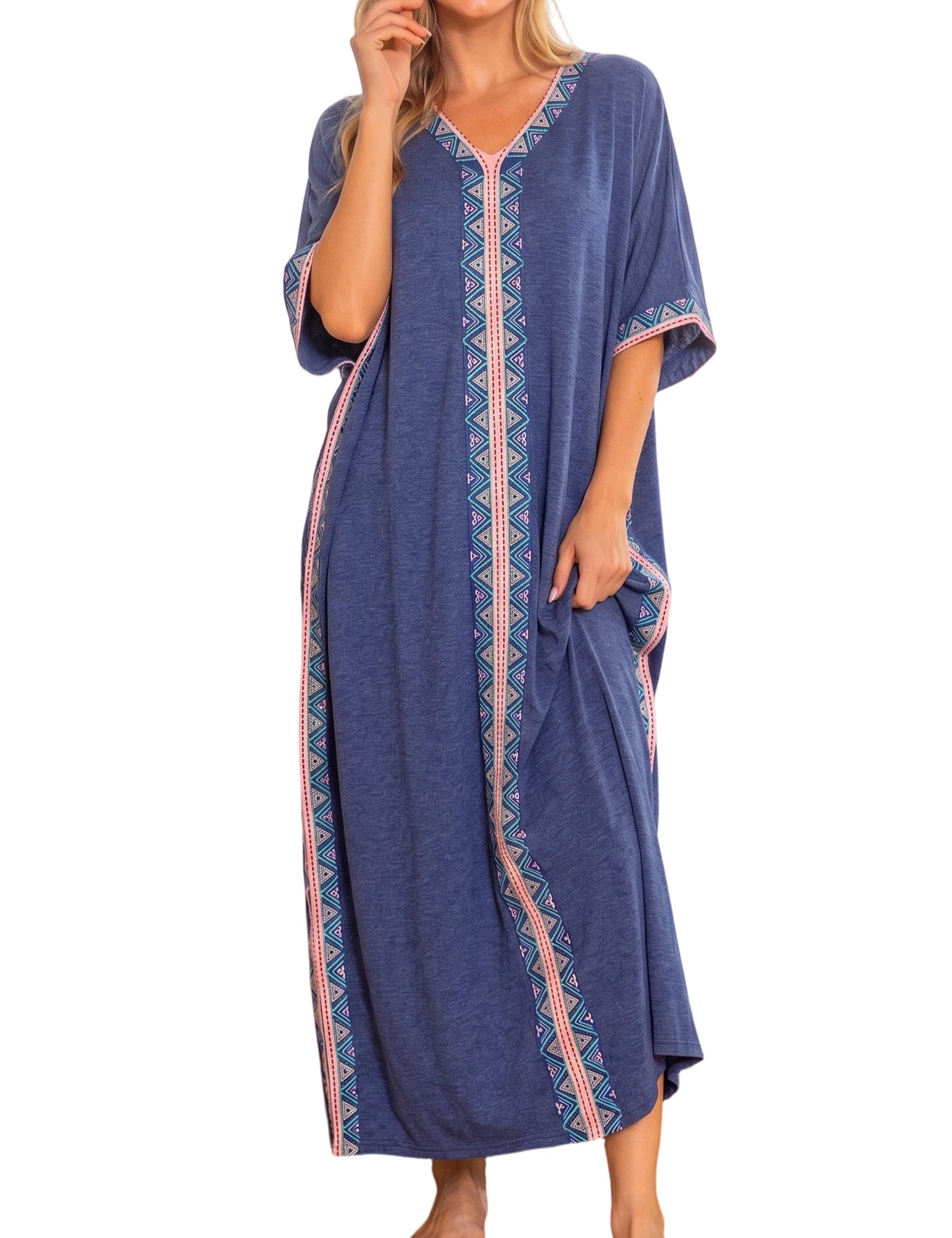 Women Nightgowns Cotton Caftan House Dress Short Sleeve Sleepwear Vacation Beach Moo Moos Dress with Pockets