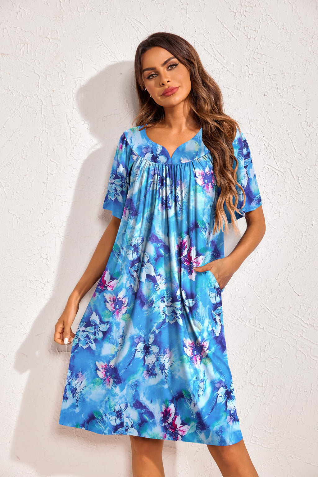 2 Pack House Dresses for Women with Pockets Short Sleeve Moo Moos Floral Print Mumu Dresses