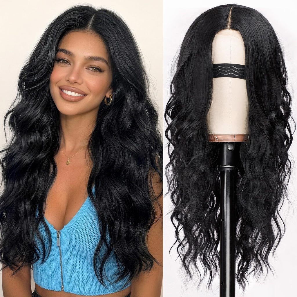 Long Brown Mixed Blonde Wavy Wig 4x1 Lace Natural Hairline Middle Part Curly Heat-Resistant Synthetic Fiber for Women & Beginners Daily Party Use 26In