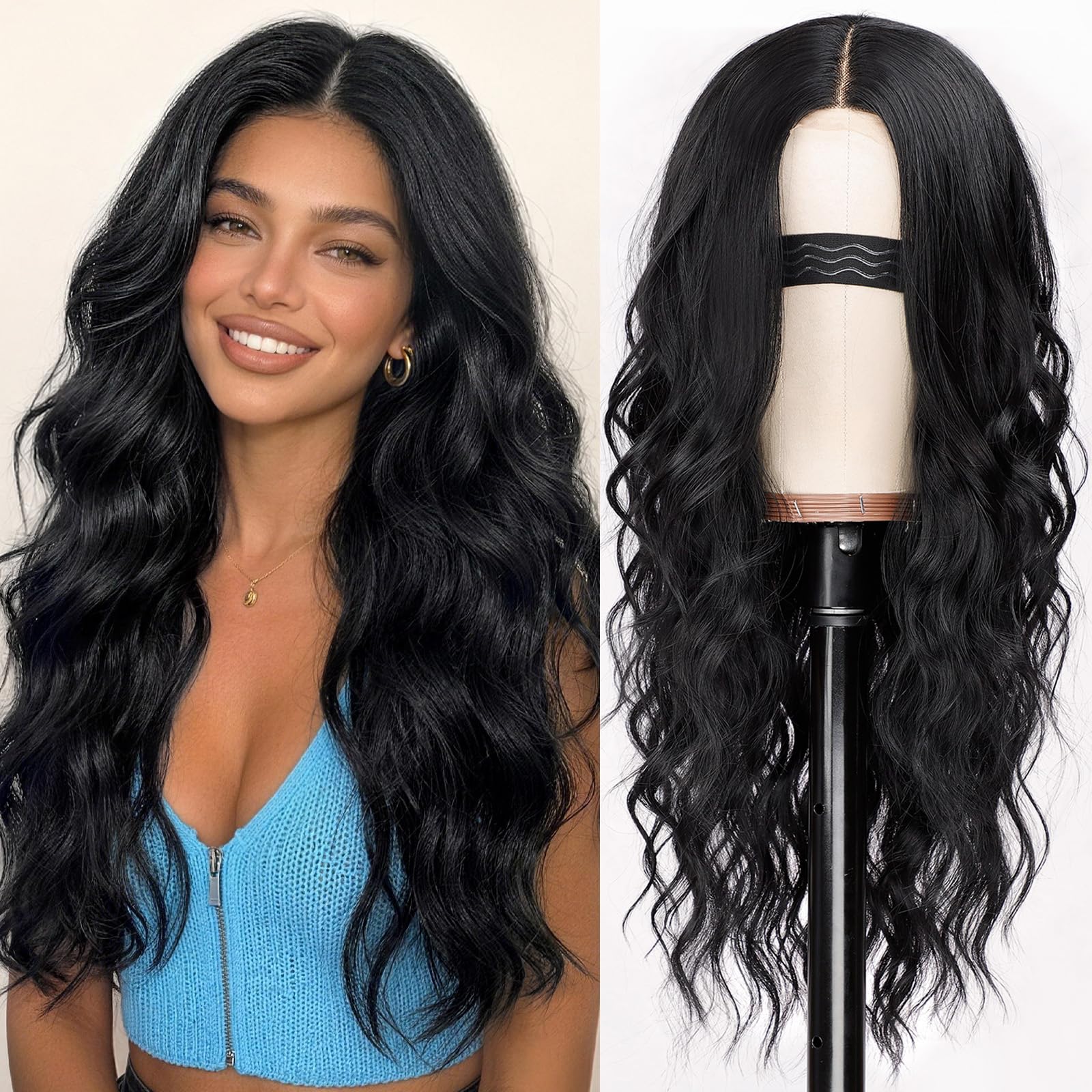 Long Brown Mixed Blonde Wavy Wig 4x1 Lace Natural Hairline Middle Part Curly Heat-Resistant Synthetic Fiber for Women & Beginners Daily Party Use 26In
