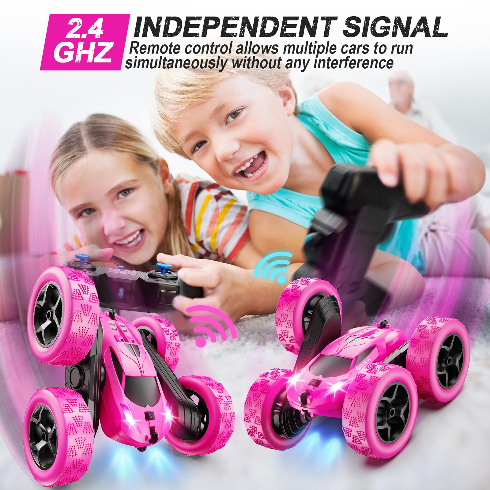 QUNREDA RC Cars, Pink Remote Control Car for Girls, 2.4 GHZ Double Sided RC Stunt Car 360° Rotating Remote Control Crawler with Headlights Car Toys for 6 7 8 9 10 11 12 Girls Birthday Gift Grandkids