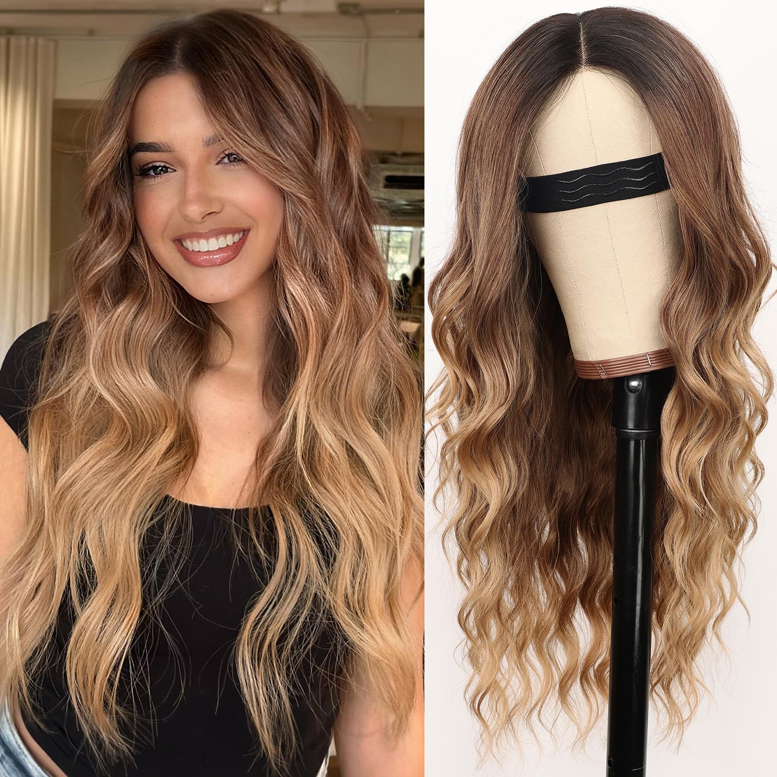 Long Brown Mixed Blonde Wavy Wig 4x1 Lace Natural Hairline Middle Part Curly Heat-Resistant Synthetic Fiber for Women & Beginners Daily Party Use 26In