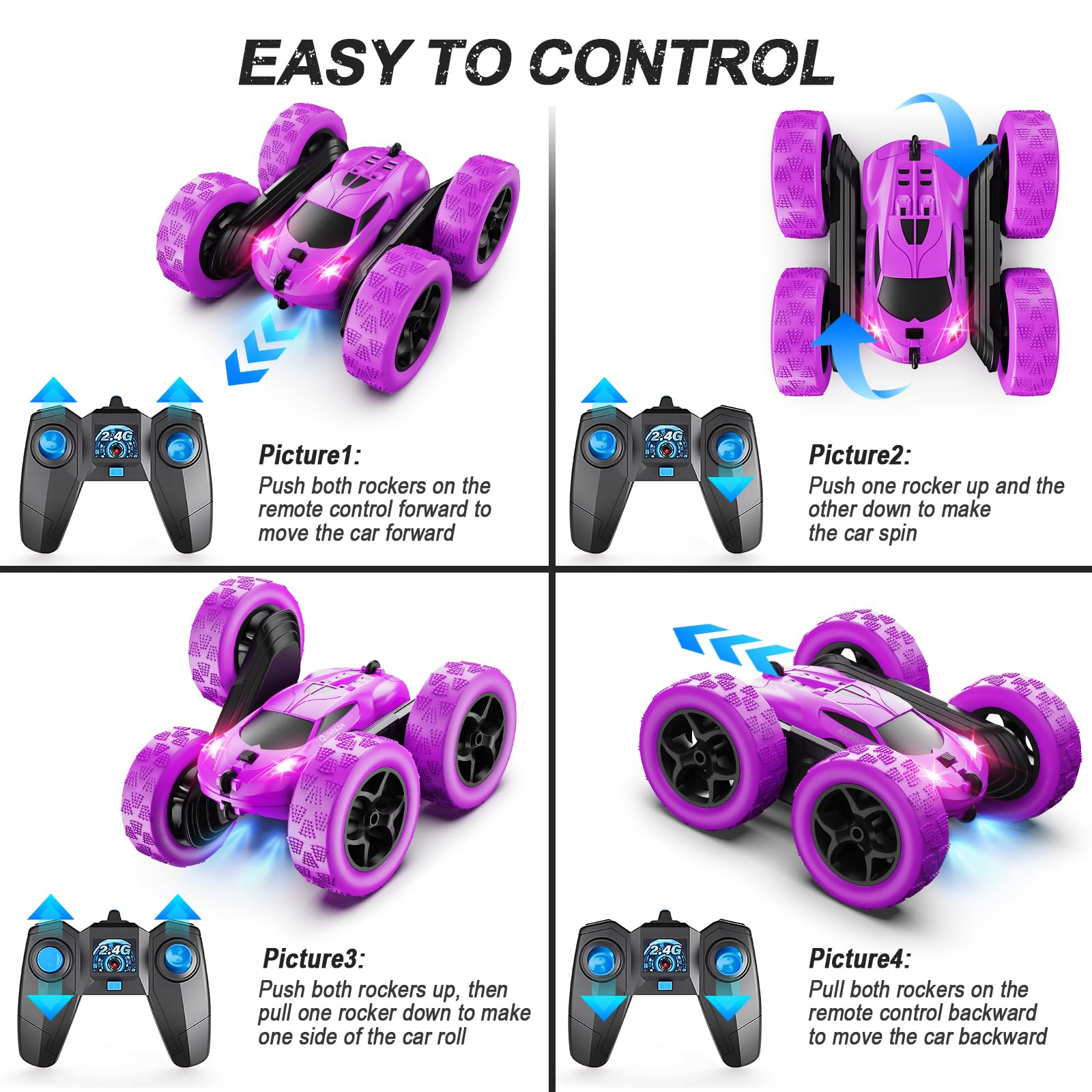 QUNREDA RC Cars, Pink Remote Control Car for Girls, 2.4 GHZ Double Sided RC Stunt Car 360° Rotating Remote Control Crawler with Headlights Car Toys for 6 7 8 9 10 11 12 Girls Birthday Gift Grandkids