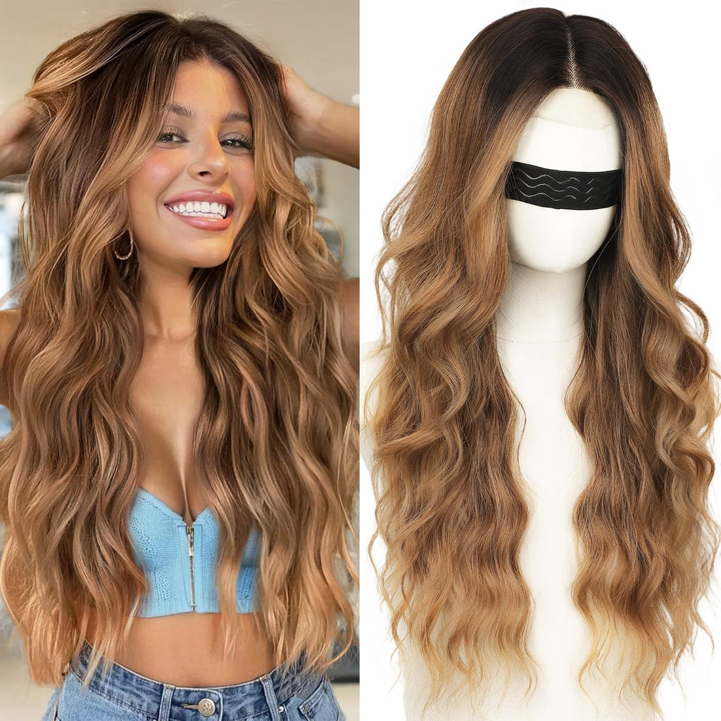 Long Brown Mixed Blonde Wavy Wig 4x1 Lace Natural Hairline Middle Part Curly Heat-Resistant Synthetic Fiber for Women & Beginners Daily Party Use 26In