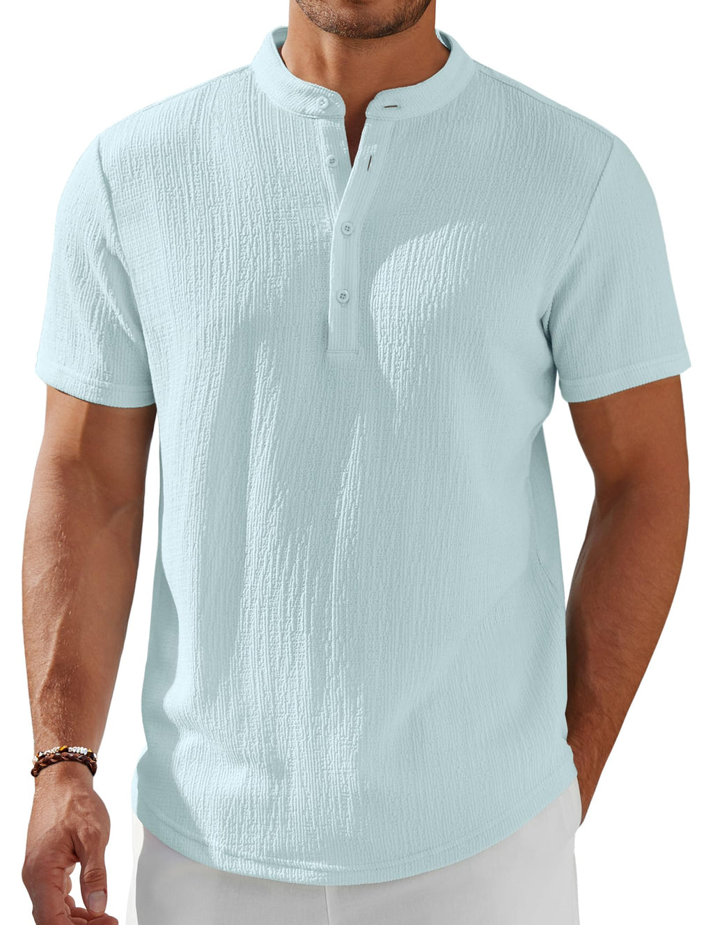 Men's Henley Shirt Short Sleeve Stand Collar Summer Casual Beach Hippie T-Shirts