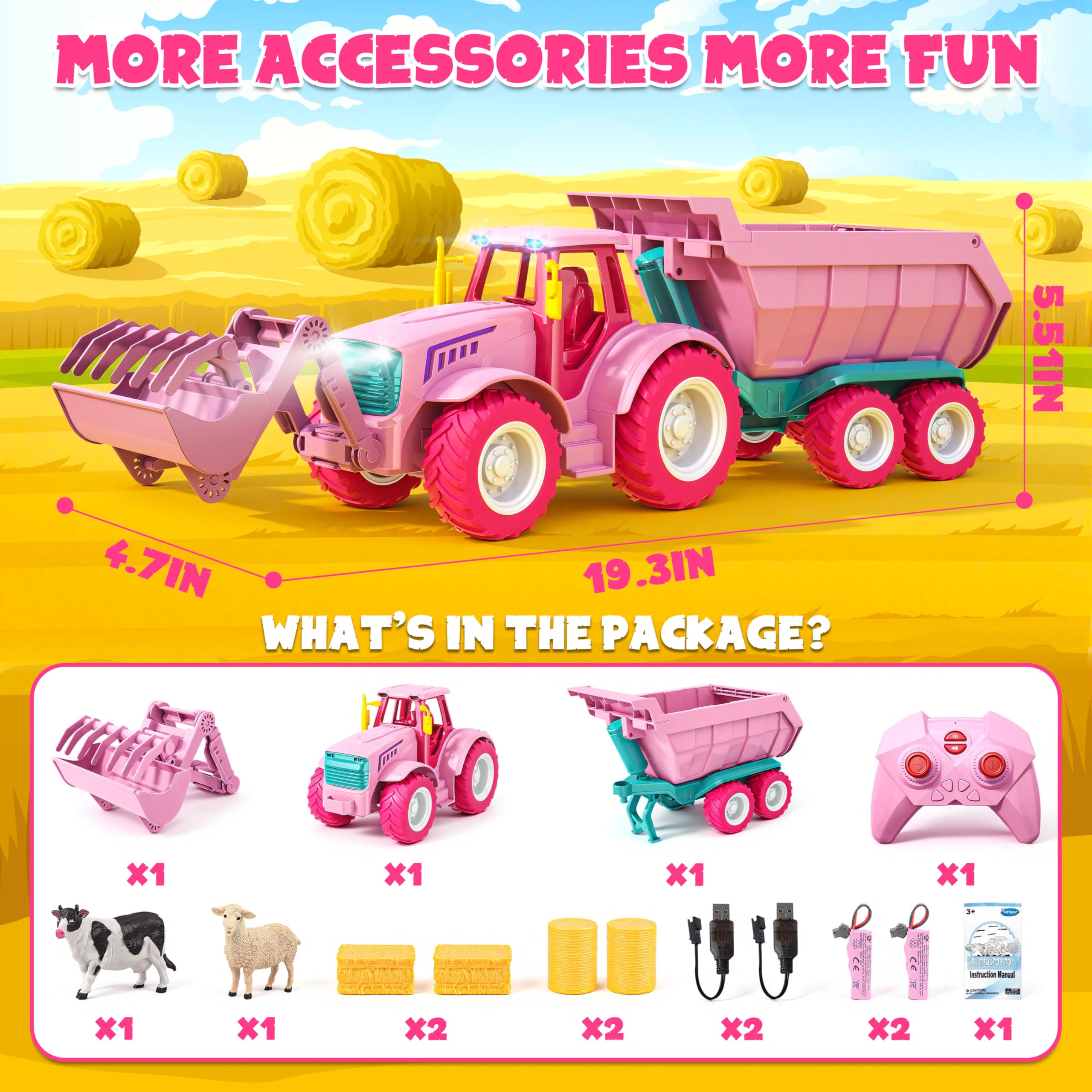 Funwee RC Farm Tractor Toy w/Light & Music, Kid Truck Toy w/Front Loader & Farm Animal, 2.4GHz RC Tractor Trailer Car Vehicle Toy for Boy Girl Age 3 4 5 6 7+ Year Old Christmas Birthday Gift (Pink)