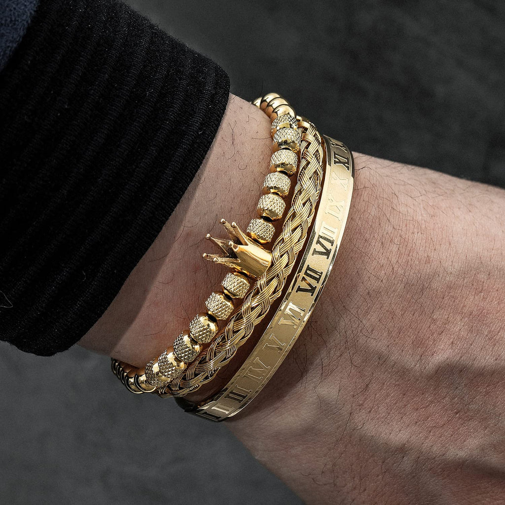 3PCS Stainless Steel Bracelets for Men Gold Roman Numeral Bangle Bracelet Twisted Cable Bracelet Adjustable Cuff Bracelet Mens Luxury Jewelry Bracelets Gifts
