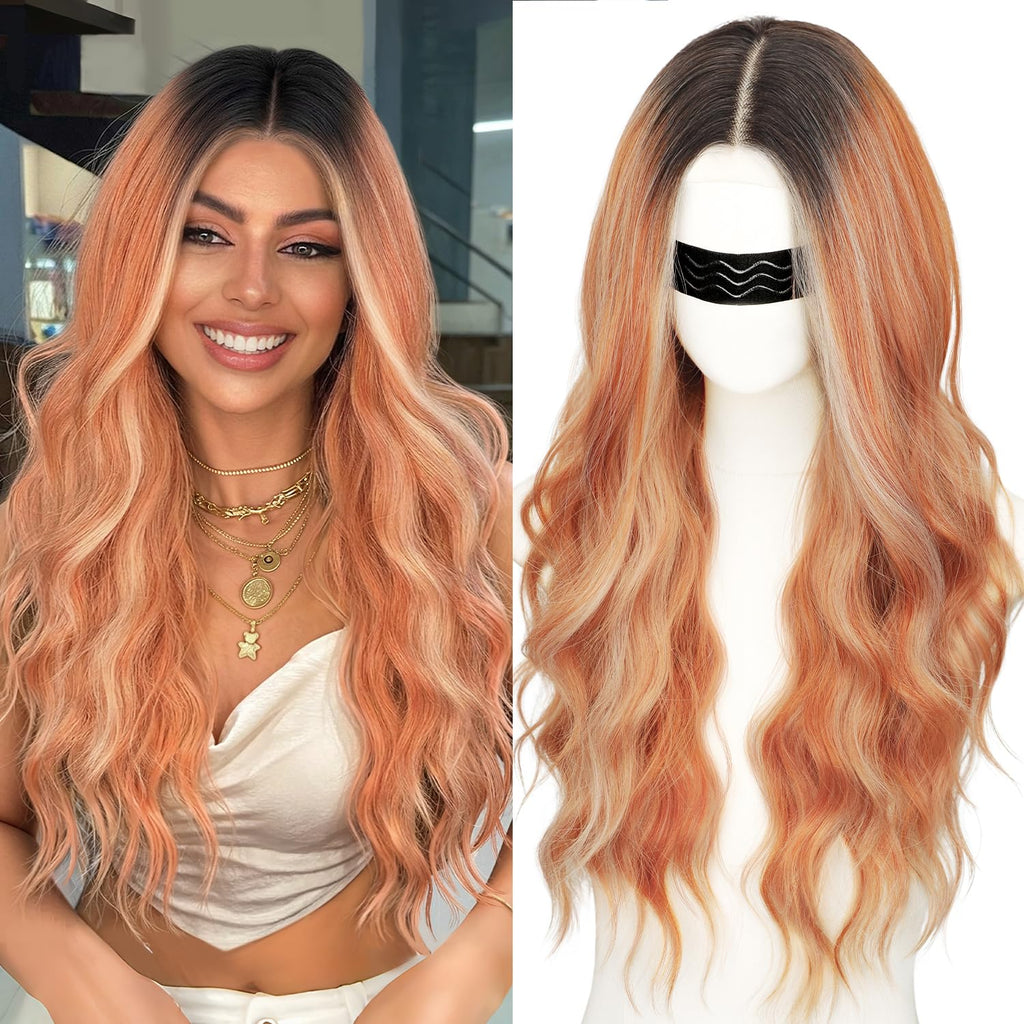 Long Brown Mixed Blonde Wavy Wig 4x1 Lace Natural Hairline Middle Part Curly Heat-Resistant Synthetic Fiber for Women & Beginners Daily Party Use 26In