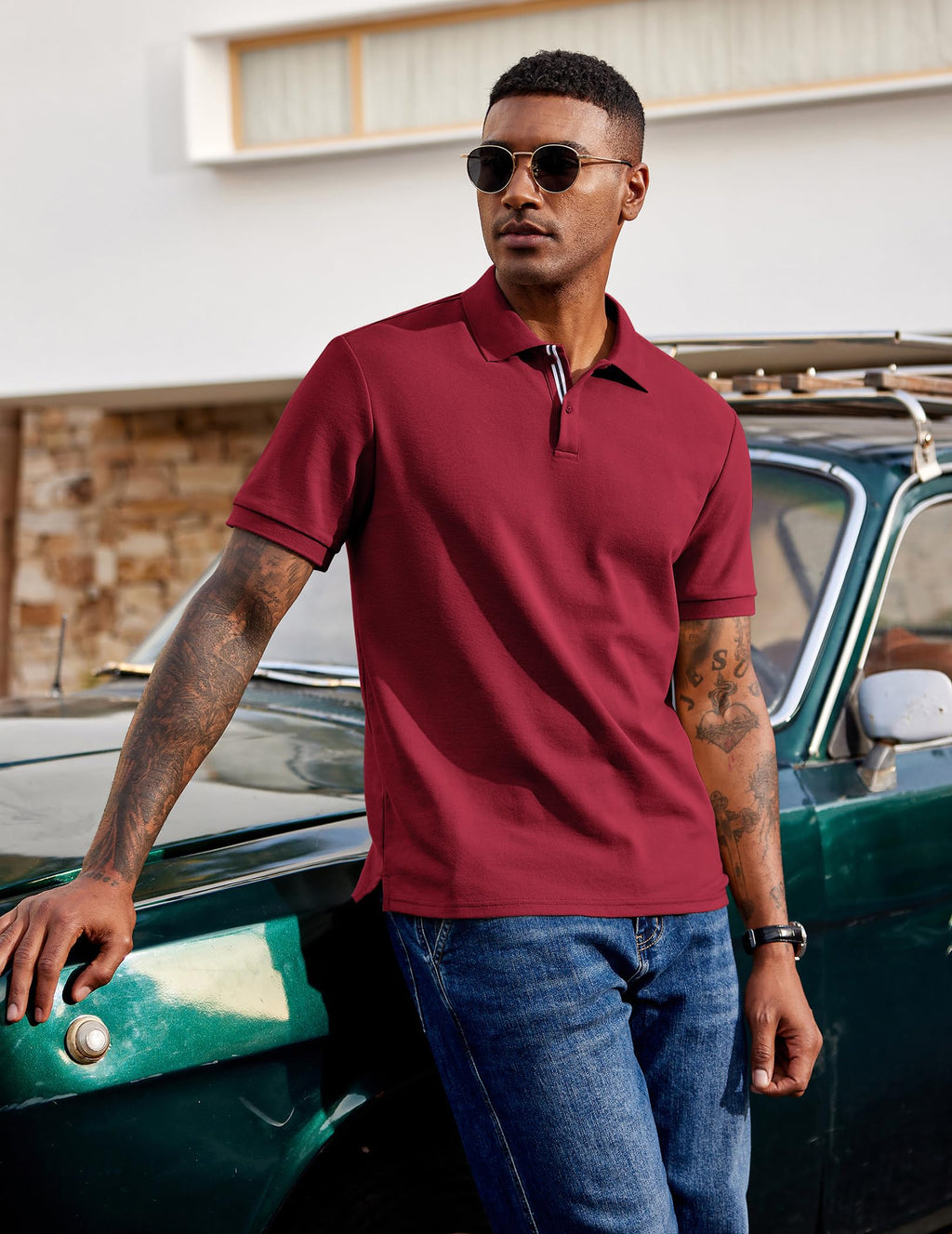 Men's Polo Shirts Short Sleeve Cotton Pique Casual Button T Shirts Classic Fit Collared Golf Shirts