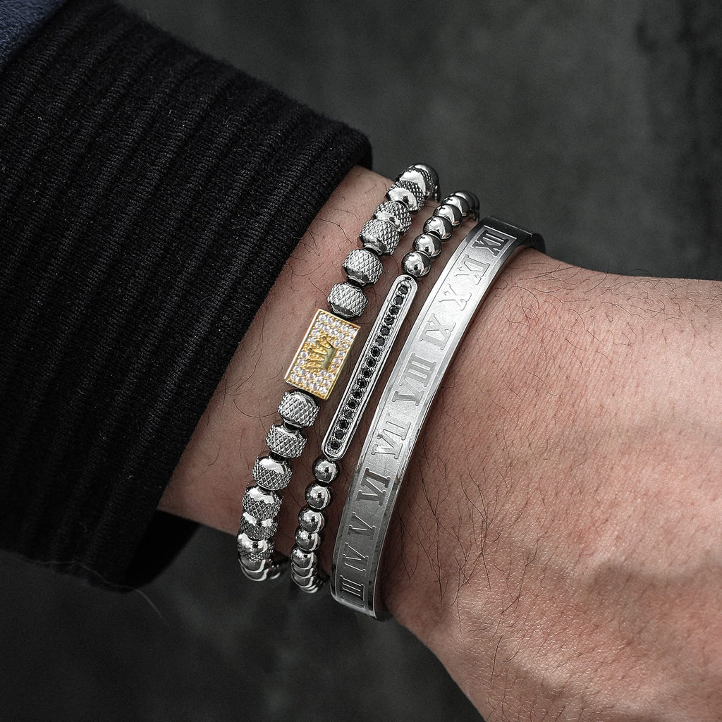 3PCS Stainless Steel Bracelets for Men Gold Roman Numeral Bangle Bracelet Twisted Cable Bracelet Adjustable Cuff Bracelet Mens Luxury Jewelry Bracelets Gifts
