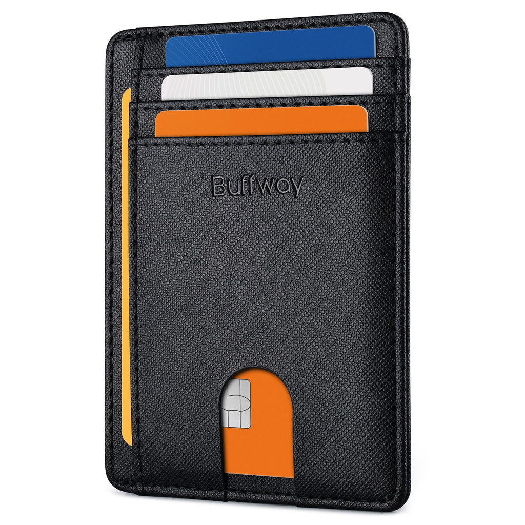 Slim Minimalist Front Pocket RFID Blocking Leather Wallets for Men and Women - Carbon Fiber Black