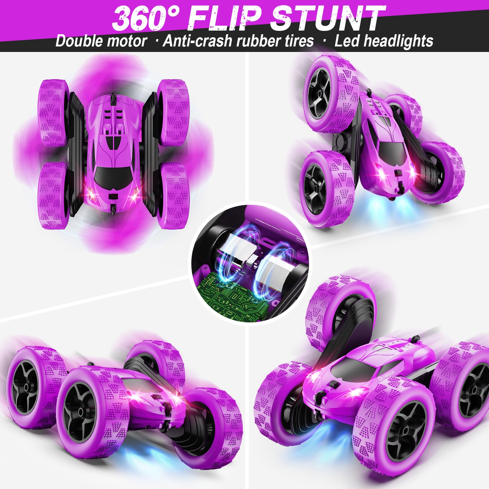 QUNREDA RC Cars, Pink Remote Control Car for Girls, 2.4 GHZ Double Sided RC Stunt Car 360° Rotating Remote Control Crawler with Headlights Car Toys for 6 7 8 9 10 11 12 Girls Birthday Gift Grandkids