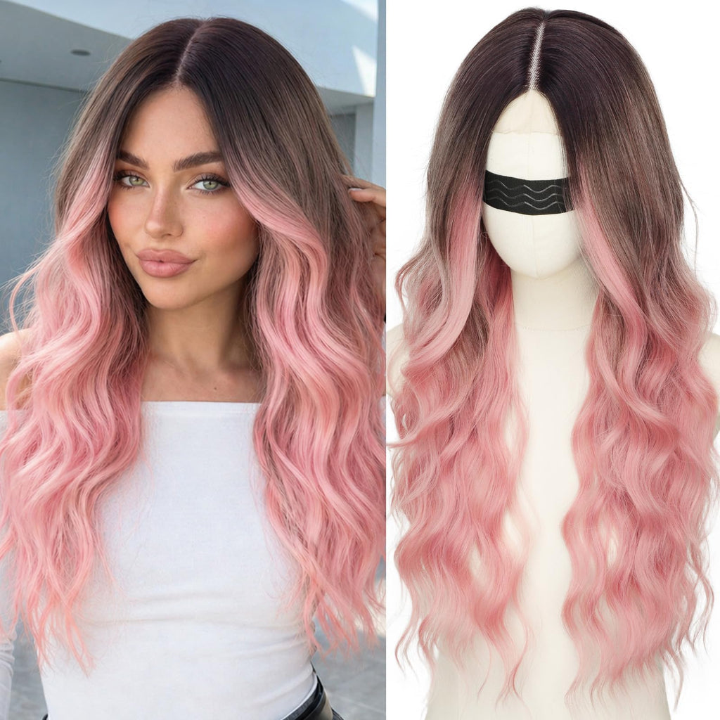 Long Brown Mixed Blonde Wavy Wig 4x1 Lace Natural Hairline Middle Part Curly Heat-Resistant Synthetic Fiber for Women & Beginners Daily Party Use 26In