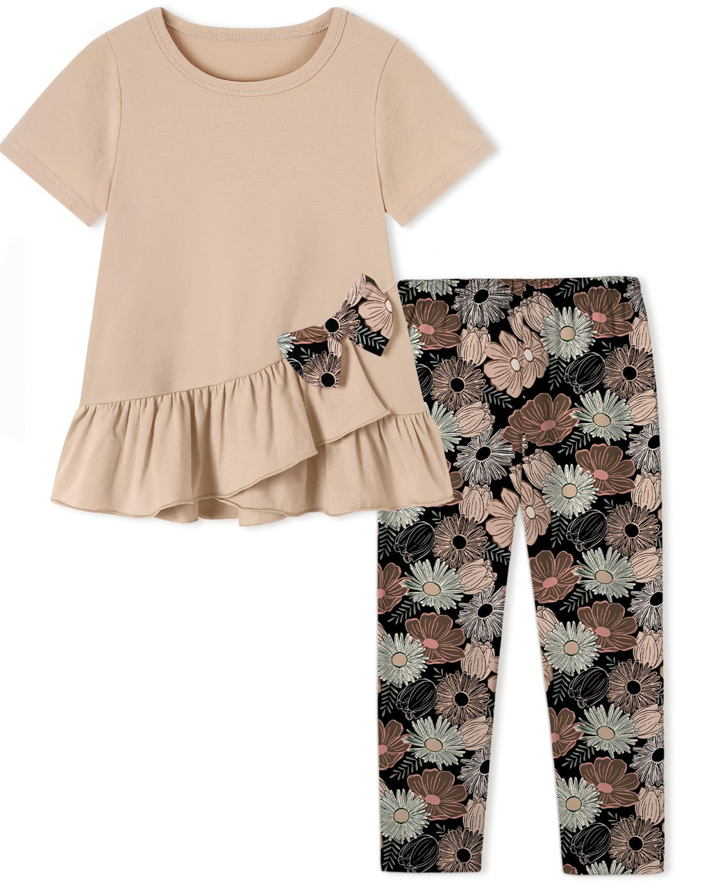 Toddler Girl Clothes 2-8Years Girls Outfit, Short Sleeve Ruffle Bowknot Top+Floral Capri Pants 2Pcs Spring Summer Set